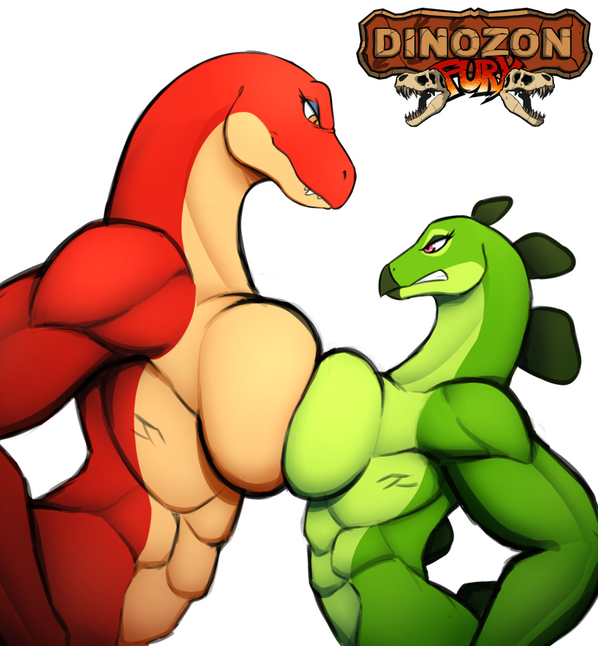 abs amazon angry anthro breast_squish breasts breasts_frottage digitalkaiju dinosaur duo female female/female green_body green_scales hi_res jasper_(dinozon_fury) ornithischian red_body red_scales reptile scales scalie squish stegosaurian stegosaurus theropod thyreophoran tyrannosaurid tyrannosaurus tyrannosaurus_rex
