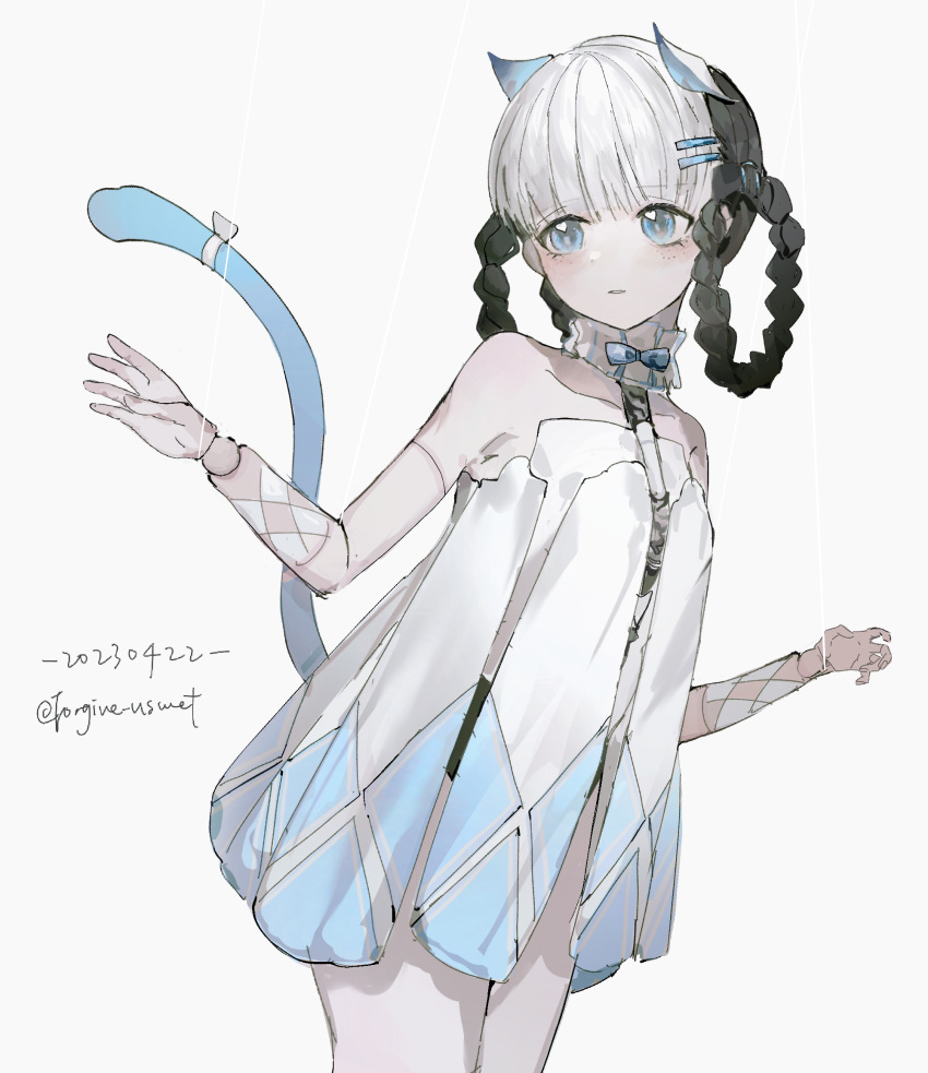 1girl animal_ears bambinata_(punishing:_gray_raven) bare_arms bare_legs bare_shoulders black_hair blue_eyes blunt_bangs braid braided_hair_rings cat_ears cat_tail chinese_commentary collar collarbone commentary cowboy_shot dated detached_collar doll_joints dress fake_animal_ears freckles frilled_collar frills hair_ornament hairclip heart heart-shaped_pupils highres joints lofter_username mechanical_arms mechanical_parts multicolored_hair petite punishing:_gray_raven puppet_strings short_dress simple_background solo symbol-shaped_pupils tail two-tone_hair white_background white_dress white_hair zhehua_zengyue