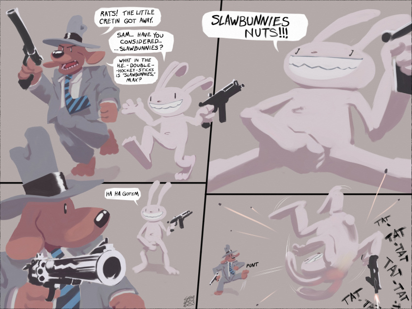 4:3 absurd_res anthro barefoot bullet canid canine canis clothed clothing comic dialogue domestic_dog duo english_text feet gun handgun hat headgear headwear hi_res holding_object holding_weapon kick kicking_another lagomorph leglegleg leporid looking_at_another male male/male mammal max_(sam_and_max) necktie nude open_mouth rabbit ranged_weapon running sam_and_max samuel_dog shooting_gun simple_background speech_bubble suit teeth text tongue weapon