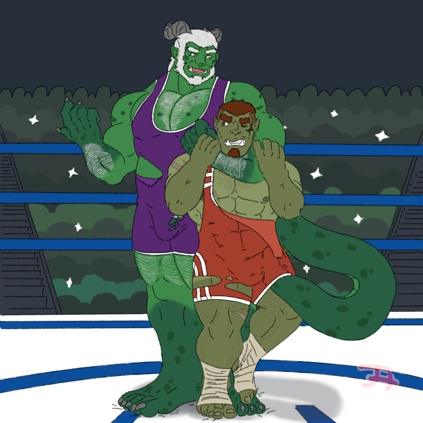 arena bulge chernobog_kuzarnak chokehold clothing crowd defeated degradation dragon fight group halforc hi_res humanoid humiliation hybrid jadehusk male orc public public_humiliation shirt size_difference struggling tank_top topwear torn torn_clothing torn_singlet wrestling