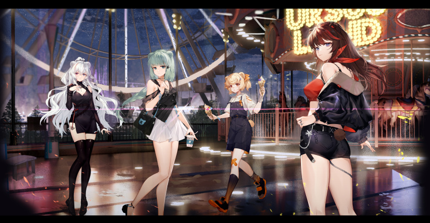 4girls alternate_costume animal_ears arknights ass bandaid bandaid_on_knee bandaid_on_leg bandeau bare_legs bare_shoulders bear_ears bear_tail black_dress black_footwear black_jacket black_shirt black_shorts black_socks black_thighhighs blonde_hair blue_eyes blue_hair brown_eyes brown_hair commentary_request dress food gummy_(arknights) highres holding holding_food hongbaise_raw ice_cream ice_cream_cone istina_(arknights) jacket kneehighs letterboxed long_hair long_sleeves looking_at_viewer midriff miniskirt multiple_girls night night_sky off_shoulder open_clothes open_jacket outdoors parted_lips red_eyes red_socks rosa_(arknights) shirt shoes short_dress short_hair short_shorts short_sleeves shorts skirt sky smile sneakers socks standing strapless tail thighhighs thighs tube_top very_long_hair white_hair white_shirt white_skirt zima_(arknights)