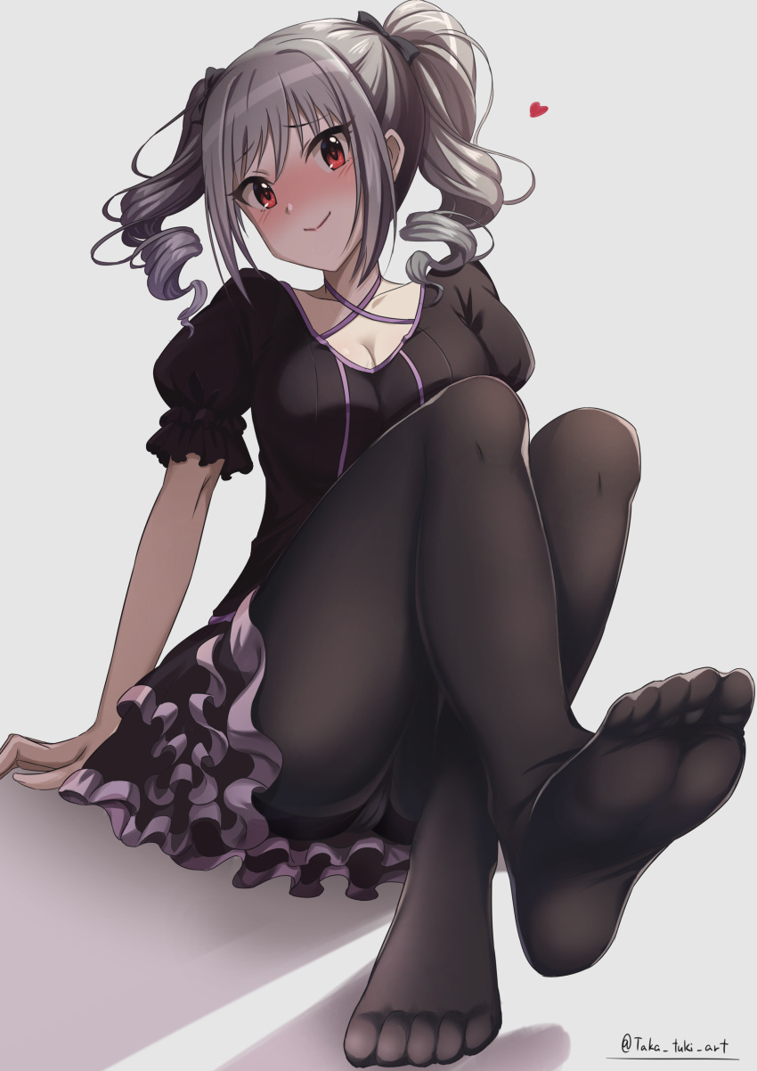 1girl absurdres black_dress black_pantyhose breasts cameltoe cleavage collarbone crossed_legs dress drill_hair feet foot_focus foreshortening grey_background grey_hair head_tilt heart highres idolmaster idolmaster_cinderella_girls kanzaki_ranko long_hair looking_at_viewer medium_breasts no_shoes panties panties_under_pantyhose pantyhose pantyshot puffy_short_sleeves puffy_sleeves red_eyes short_sleeves sitting smile soles solo takatsuki_p thighs toes twin_drills twitter_username underwear