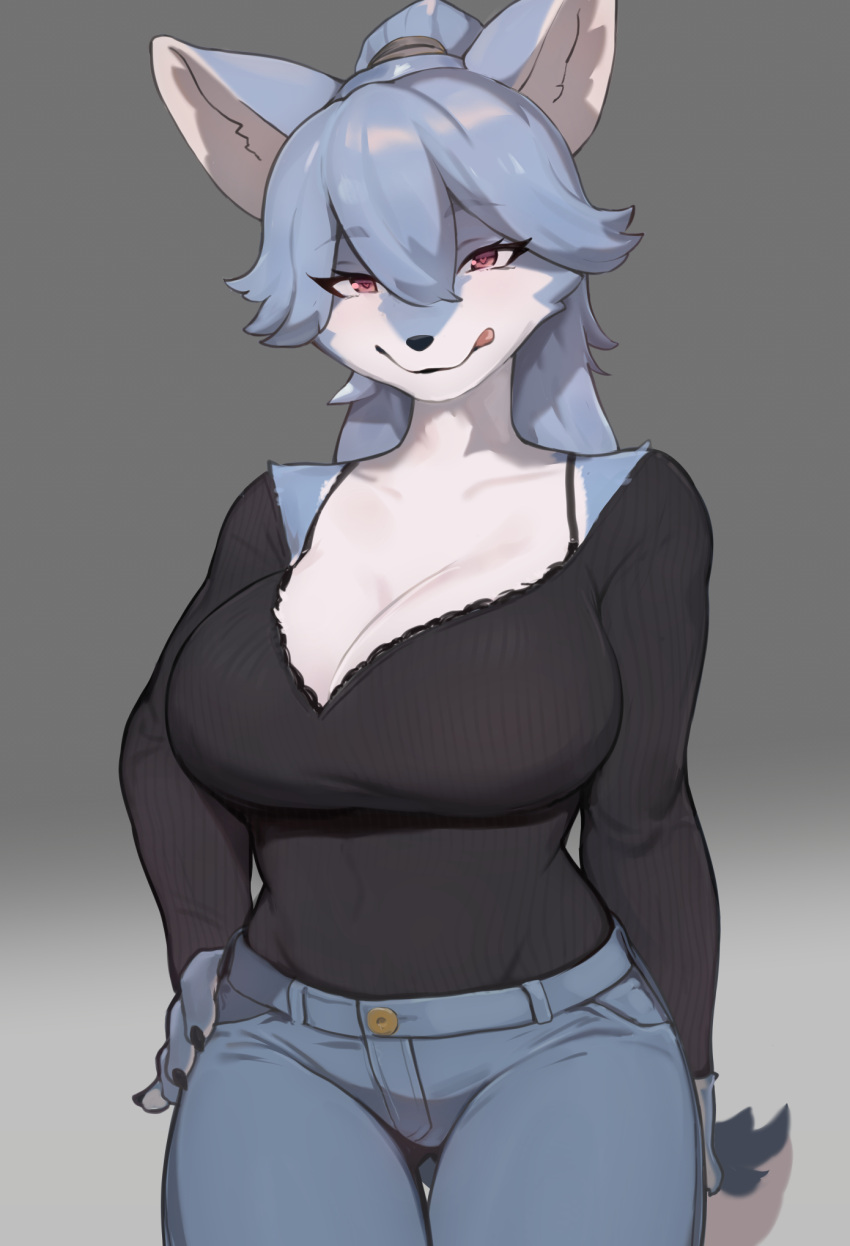 &lt;3 &lt;3_eyes anthro big_breasts black_nose blue_body blue_fur bottomwear bra_strap breasts canid canine cleavage clothed clothing female fur hair hand_on_hip hi_res idobata_hp kemono lace licking licking_lips lidded_eyes looking_at_viewer mammal pants pink_eyes ponytail smile solo standing sweater tight_bottomwear tight_clothing tight_pants tongue tongue_out topwear v-neck