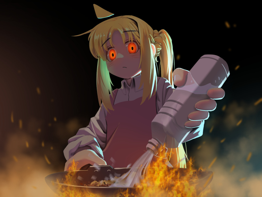 1girl ahoge apron black_background blonde_hair bocchi_the_rock! bottle collared_shirt fire food fried_rice glowing glowing_eyes highres huge_ahoge ijichi_nijika looking_down myjet ponytail red_eyes shirt water water_bottle wing_collar wok