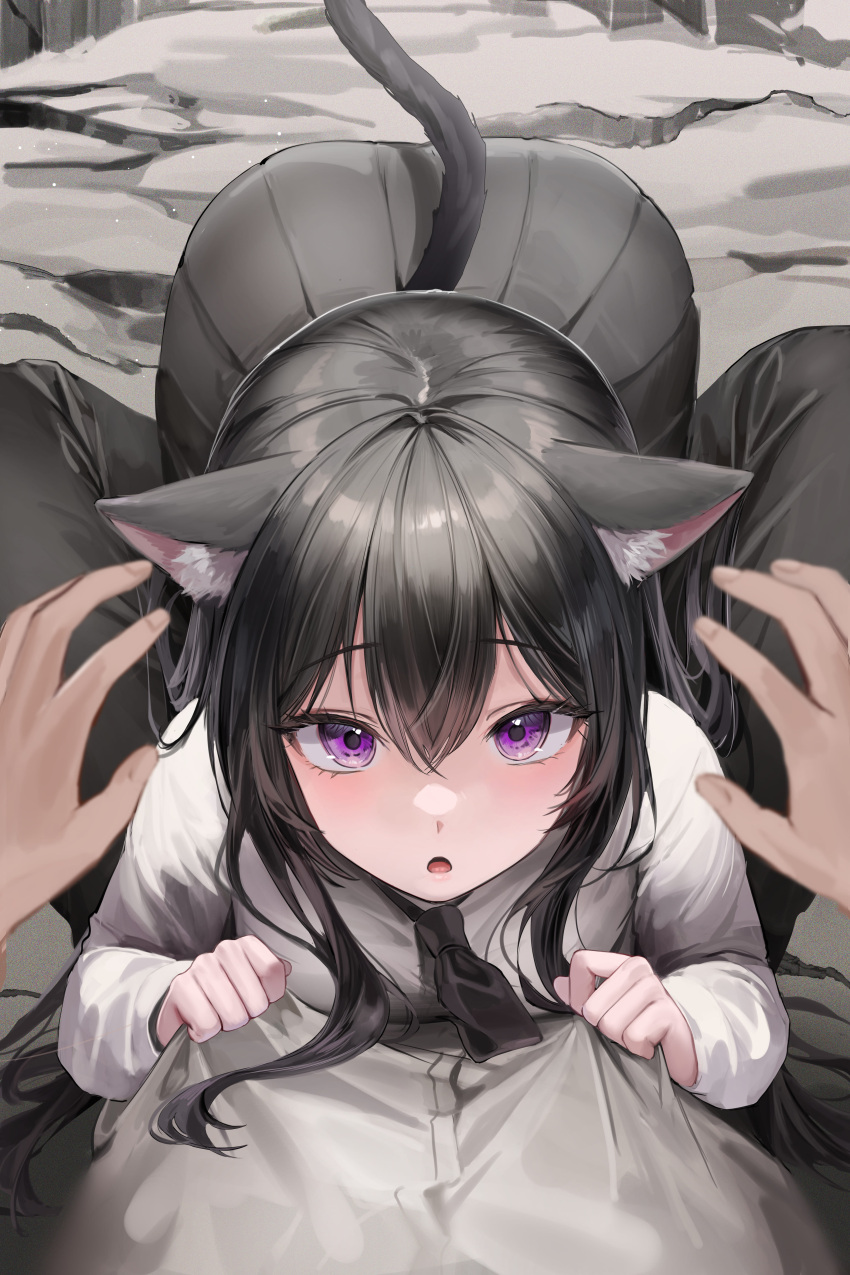 1boy 1girl :o absurdres all_fours animal_ear_fluff animal_ears black_hair black_skirt blurry cat_ears cat_girl cat_tail clothes_pull hair_between_eyes highres lillly long_hair long_sleeves looking_at_viewer necktie open_mouth original pants pleated_skirt pov pov_hands purple_eyes shirt shirt_grab skirt solo_focus tail tail_raised white_shirt