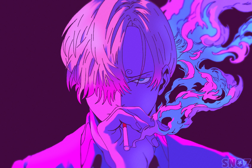 1boy artist_logo colored_smoke highres light_frown looking_at_viewer md5_mismatch one_piece resolution_mismatch sanji_(one_piece) smoke smoking snoz source_smaller