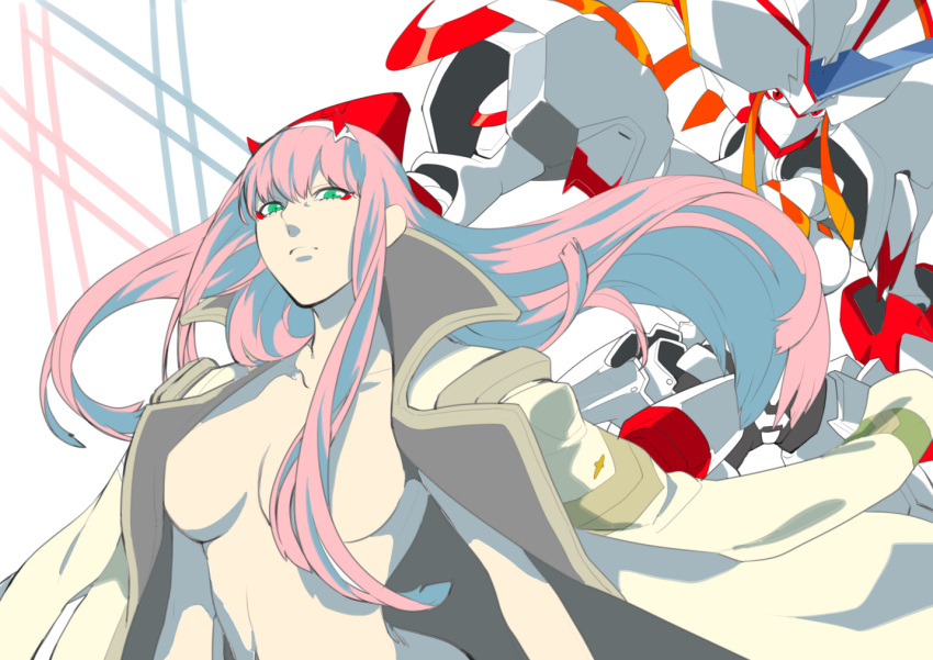 1girl breasts closed_mouth coat coat_on_shoulders darling_in_the_franxx eyelashes eyeliner frown green_eyes hair_between_eyes hair_censor hairband horns innfiniti large_breasts long_hair makeup mecha nude open_clothes open_coat pink_hair red_horns robot strelizia very_long_hair white_background white_hairband zero_two_(darling_in_the_franxx)