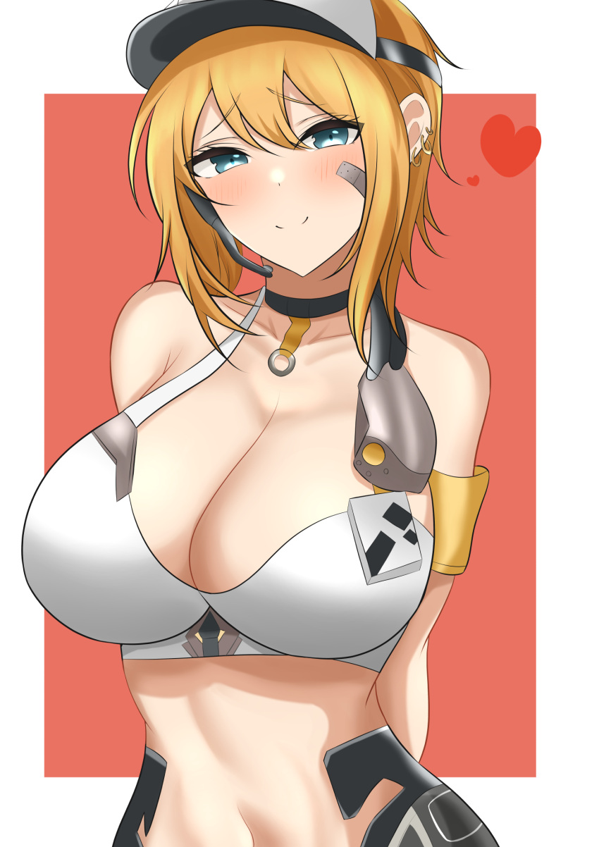 1girl armband arms_behind_back arn7 bandaid bandaid_on_cheek bandaid_on_face bare_shoulders black_choker blonde_hair blue_eyes blush breasts choker cleavage closed_mouth collarbone commentary_request cowboy_shot ear_piercing earpiece goddess_of_victory:_nikke hair_between_eyes heart highres large_breasts looking_at_viewer maxwell_(nikke) mechanical_legs midriff navel partial_commentary piercing short_hair short_hair_with_long_locks sidelocks smile solo sports_bra standing visor_cap white_sports_bra