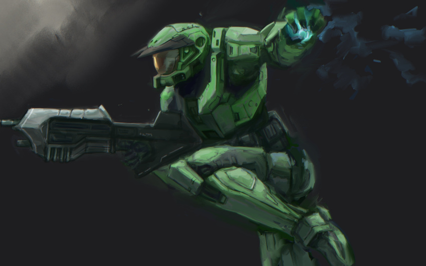 1boy absurdres assault_rifle black_background bullpup dashimaki_(dasimakitama50) explosive grenade gun halo:_combat_evolved halo_(series) helmet highres holding holding_grenade holding_gun holding_weapon ma5 male_focus master_chief plasma_grenade_(halo) power_armor rifle running science_fiction solo spartan_(halo) weapon