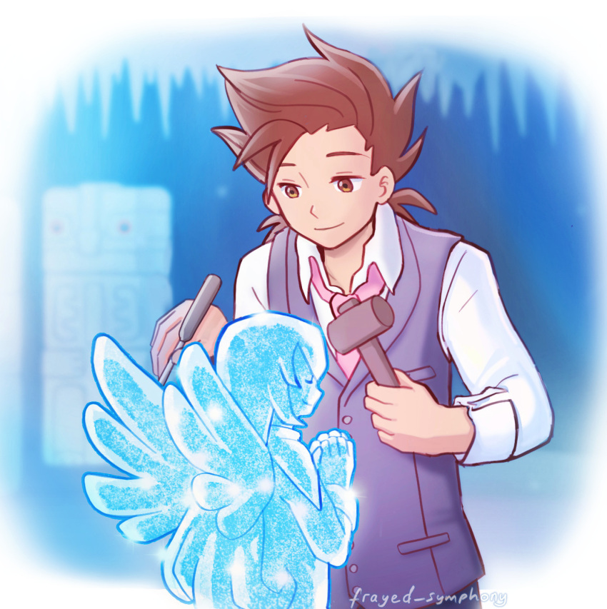 1boy artist_name brown_eyes brown_hair colette_brunel frayed-symphony highres holding ice_sculpture lloyd_irving male_focus necktie pink_necktie smile spiked_hair tales_of_(series) tales_of_symphonia