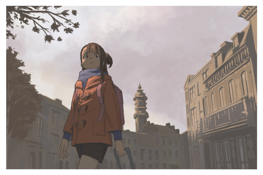1girl blue_sweater brown_hair castle cloud cloudy_sky highres holding_luggage jacket kagari_atsuko little_witch_academia orange_jacket psylduck rolling_suitcase shorts sky solo suitcase sweater tower
