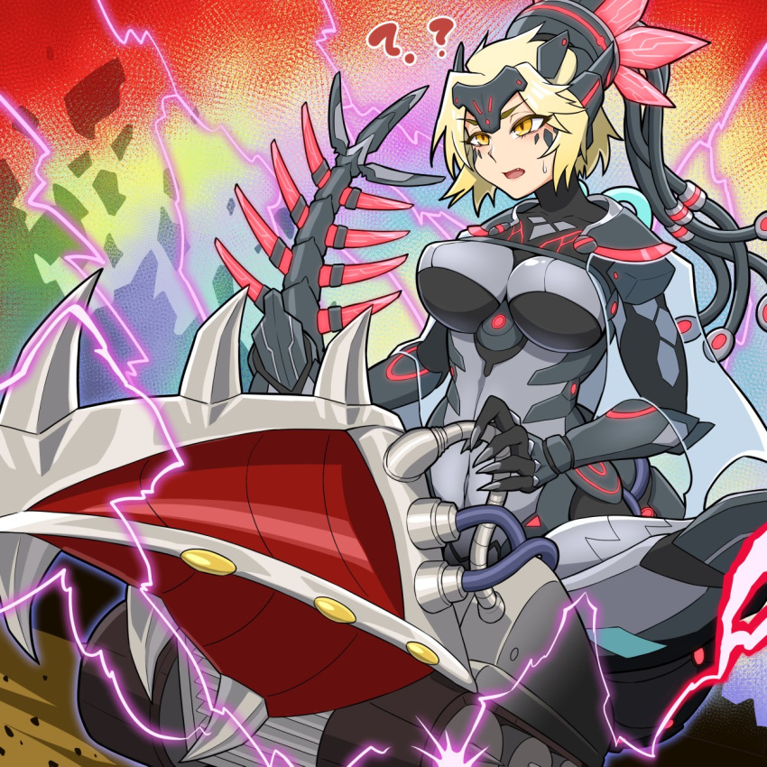 1girl ? ?? blonde_hair bodysuit breasts caterpillar_tracks cleavage commentary confused covered_navel derivative_work dinomorphia_kentregina duel_monster dyna_tank electricity exoskeleton facial_mark gameplay_mechanics headgear highres large_breasts mechanical_tail parody short_hair sitting solo tail yata_masahara yu-gi-oh!