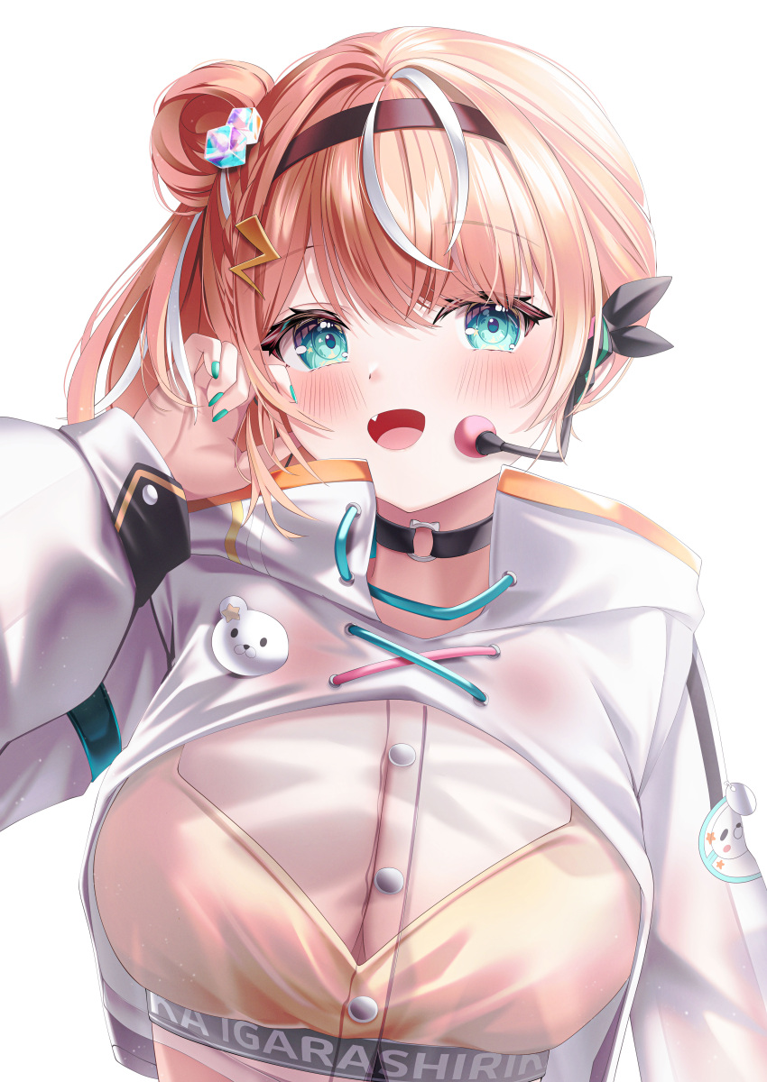 1girl absurdres black_choker blue_eyes breasts buttons choker crop_top crop_top_overhang fang green_nails hair_bun hairband hand_up high_collar highres igarashi_rika igarashi_rika_(2nd_costume) large_breasts long_hair long_sleeves looking_at_viewer multicolored_hair nail_polish nijisanji open_mouth orange_hair puffy_long_sleeves puffy_sleeves revealing_clothes see-through see-through_cleavage see-through_shirt shira_jun shirt side_ponytail single_side_bun smile solo streaked_hair upper_body virtual_youtuber white_shirt yellow_shirt