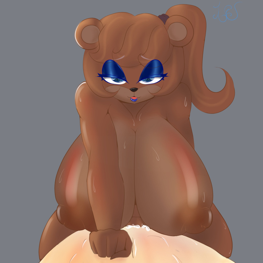 2023 absurd_res animatronic anthro bear bedroom_eyes big_breasts blue_eyeshadow blue_lipstick bodily_fluids breasts brown_body brown_fur brown_nipples cowgirl_position cum cum_in_pussy cum_inside duo eyeshadow female five_nights_at_freddy's fredina's_nightclub fredina_(cally3d) frenni_fazclaire from_front_position fur genital_fluids genitals grey_background hair half-closed_eyes hi_res huge_breasts lipstick looking_at_viewer machine makeup male male/female mammal narrowed_eyes nipples on_bottom on_top penetration ponytail pouting pussy renv riding robot scottgames seductive sex signature simple_background sweat vaginal vaginal_penetration