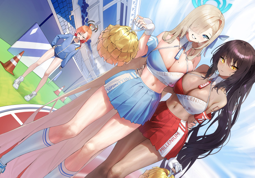 3girls absurdly_long_hair absurdres ahoge armband asuna_(blue_archive) asymmetrical_bangs bare_shoulders black_hair blonde_hair blue_archive blue_eyes blue_skirt blush braid breast_press breasts character_name cheerleader cleavage commentary cosplay crop_top dark-skinned_female dark_skin detached_collar gloves grin hair_over_one_eye halo halterneck hibiki_(blue_archive) hibiki_(blue_archive)_(cosplay) hibiki_(cheerleader)_(blue_archive) highres holding holding_pom_poms jacket karin_(blue_archive) kneehighs large_breasts light_brown_hair long_hair looking_at_viewer midriff miniskirt mole mole_on_breast mole_under_eye multiple_girls navel neru_(blue_archive) official_alternate_costume orange_hair outdoors partially_fingerless_gloves pleated_skirt pom_pom_(cheerleading) ponytail red_skirt sbgu shirt shoes single_braid skirt sleeveless sleeveless_shirt smile sneakers socks spaghetti_strap standing stomach sweat swept_bangs symbol-only_commentary symmetrical_docking thighs two-tone_shirt very_long_hair white_shirt white_socks yellow_eyes