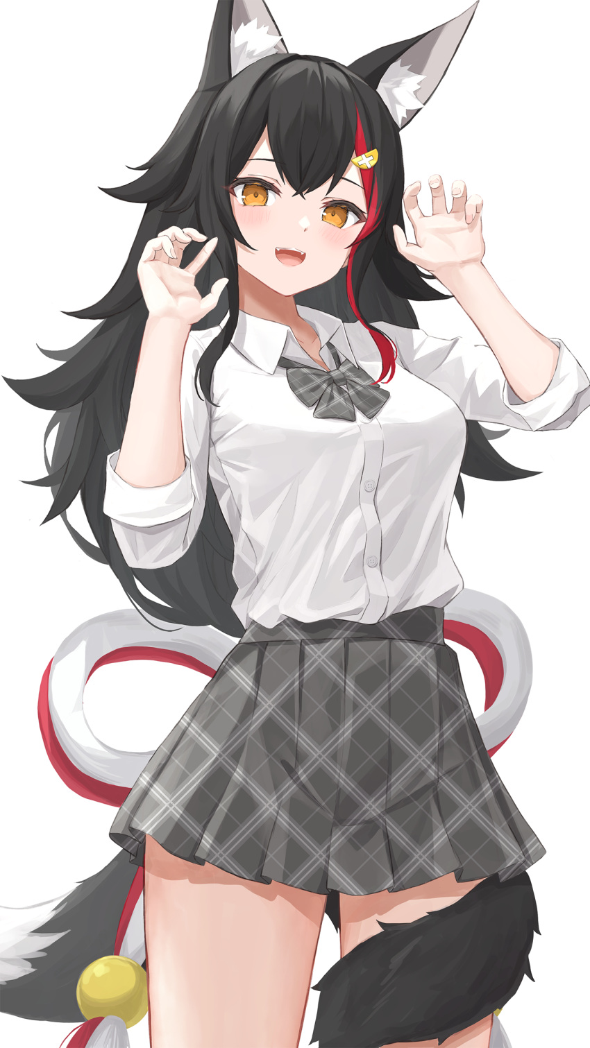 1girl absurdres alternate_costume animal_ear_fluff animal_ears black_hair blush bow bowtie claw_pose collared_shirt crossed_bangs fangs food-themed_hair_ornament grey_bow grey_bowtie grey_skirt hair_ornament hands_up highres hololive lemon_hair_ornament long_hair long_sleeves looking_at_viewer multicolored_hair norio_(noriosub) ookami_mio open_mouth orange_eyes plaid plaid_bow plaid_bowtie plaid_skirt pleated_skirt red_hair school_uniform shirt shirt_tucked_in sidelocks simple_background skirt sleeves_rolled_up smile solo streaked_hair tail tail_around_leg teeth upper_teeth_only virtual_youtuber white_background white_shirt wolf_ears wolf_girl wolf_tail