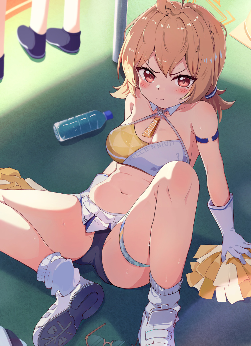 1girl 2others absurdres ahoge arm_support ass black_panties blonde_hair blue_archive blush breasts cheerleader cleavage closed_mouth commentary criss-cross_halter detached_collar gloves hair_between_eyes halo halterneck highres knee_up kotori_(blue_archive) kotori_(cheer_squad)_(blue_archive) large_breasts looking_at_viewer medium_hair midriff millennium_cheerleader_outfit_(blue_archive) miniskirt multiple_others navel official_alternate_costume on_ground panties plastic_bottle pleated_skirt pom_pom_(cheerleading) reclining red_eyes shirokuma_(zeroillya) shoe_soles shoes skirt sneakers socks solo_focus sports_bra spread_legs tearing_up tears thigh_strap two-tone_sports_bra underwear white_footwear white_gloves white_skirt white_socks white_sports_bra yellow_halo yellow_sports_bra