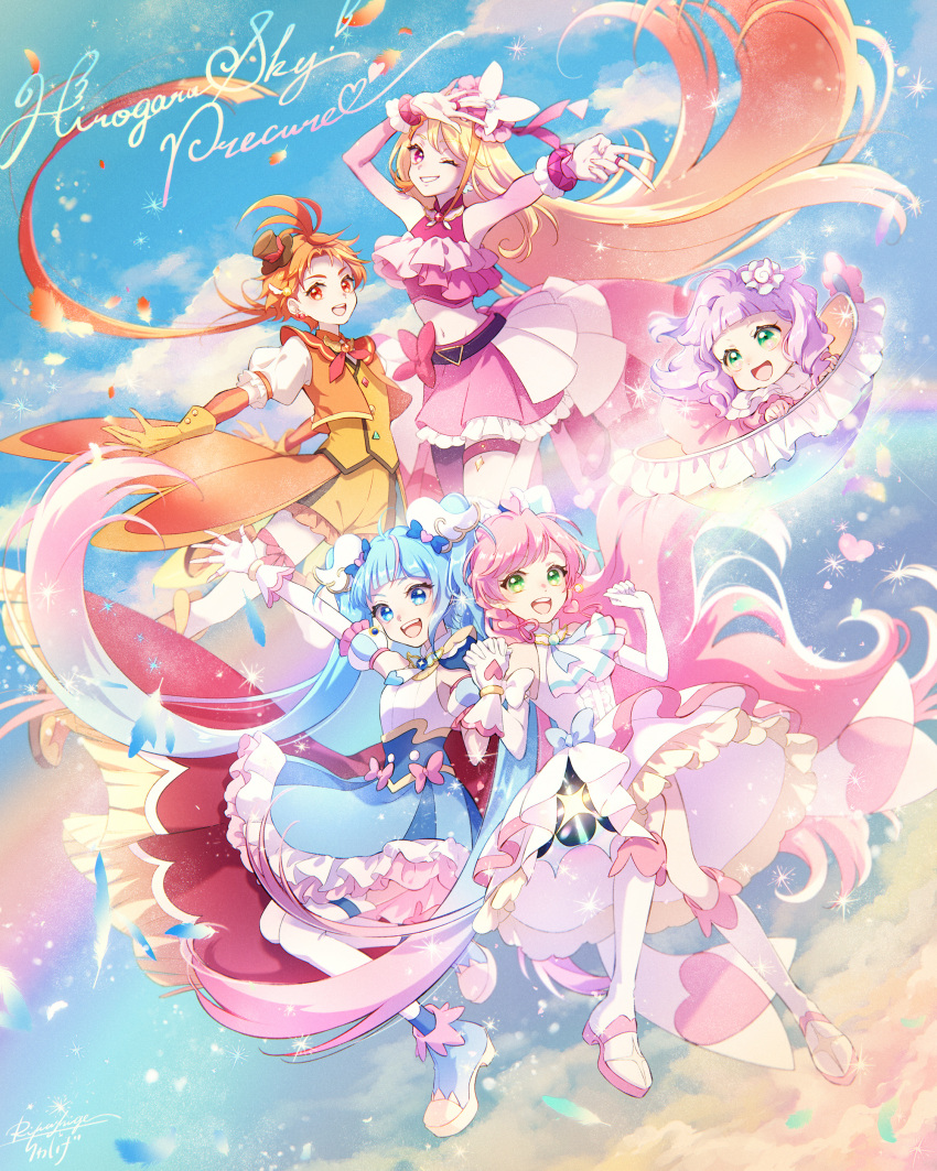 1boy 4girls absurdres aqua_eyes ascot baby belt blonde_hair blue_eyes blue_hair boots cure_butterfly cure_prism cure_sky cure_wing dress green_eyes hat highres hijiri_ageha hirogaru_sky!_precure liwa_(u_rai_la) long_hair magical_boy magical_girl midriff mini_hat mini_top_hat multiple_girls nijigaoka_mashiro orange_eyes orange_hair pink_hair ponytail precure purple_eyes purple_hair skirt sora_harewataru top_hat twintails very_long_hair white_dress white_footwear yuunagi_tsubasa