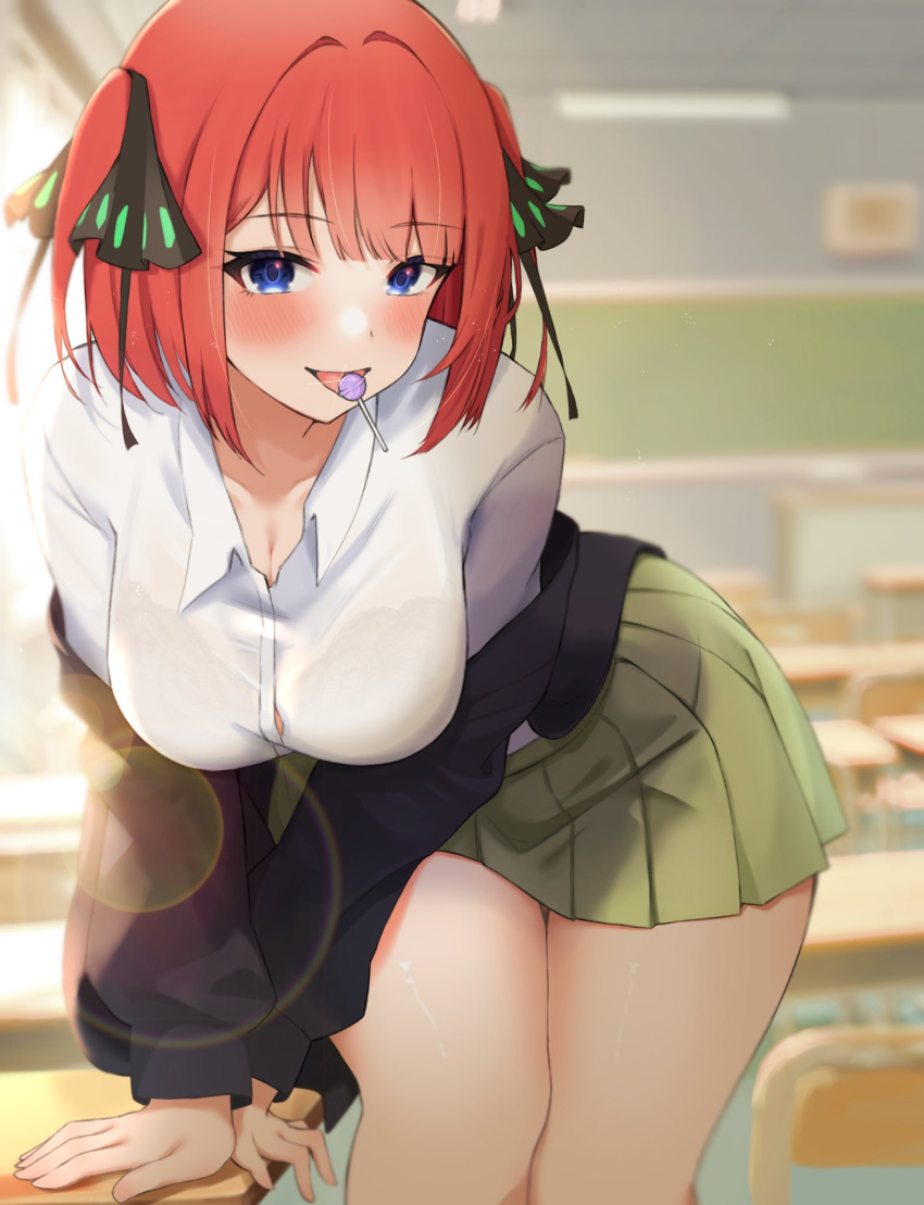 1girl arm_support black_cardigan blue_eyes blush breasts butterfly_hair_ornament candy cardigan chair chalkboard classroom cleavage collarbone collared_shirt desk food food_in_mouth go-toubun_no_hanayome green_skirt hair_ornament highres kakato_0 leaning_forward lollipop long_sleeves looking_at_viewer medium_hair miniskirt nakano_nino open_cardigan open_clothes open_mouth pleated_skirt red_hair school_chair school_desk school_uniform shirt skirt solo standing thighs two_side_up white_shirt