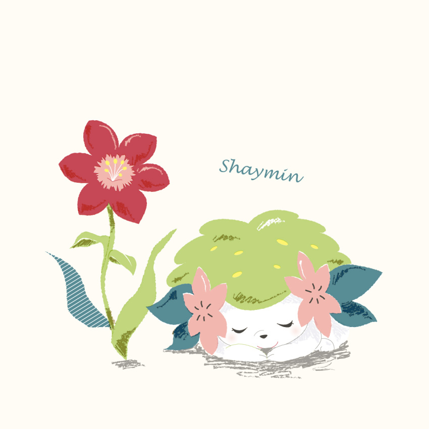 animal_focus character_request closed_eyes closed_mouth flower flower_request kashima_miyako no_humans pokemon pokemon_(creature) red_flower shaymin shaymin_(land) simple_background sleeping solo white_background