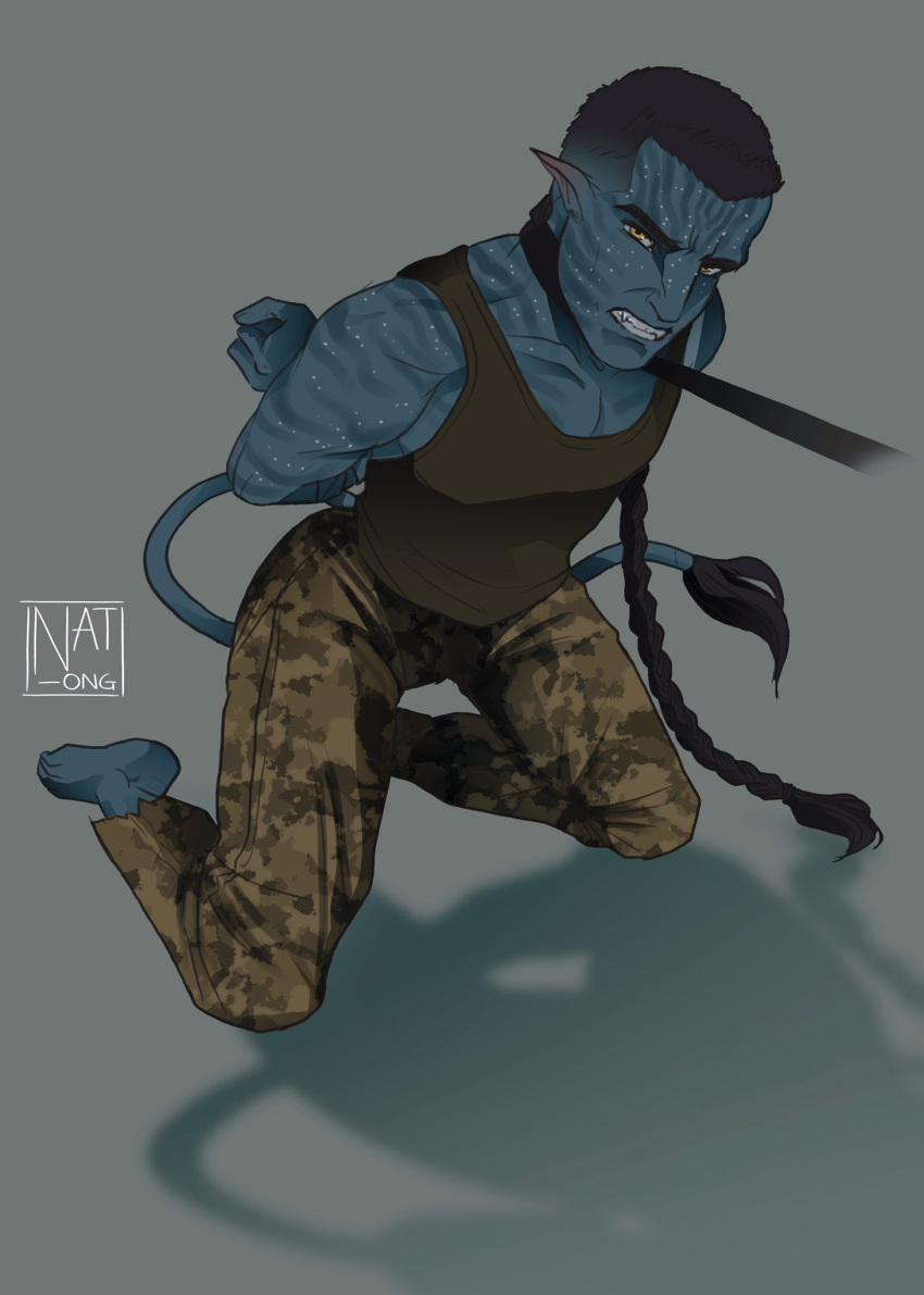 alien alien_humanoid barefoot blue_body blue_skin bound digital_media_(artwork) feet hi_res human humanoid james_cameron's_avatar kneeling leash leash_and_collar leash_pull male mammal markings miles_quaritch muscular na'vi nat_ong parent restrained restrained_arms restraints solo tail