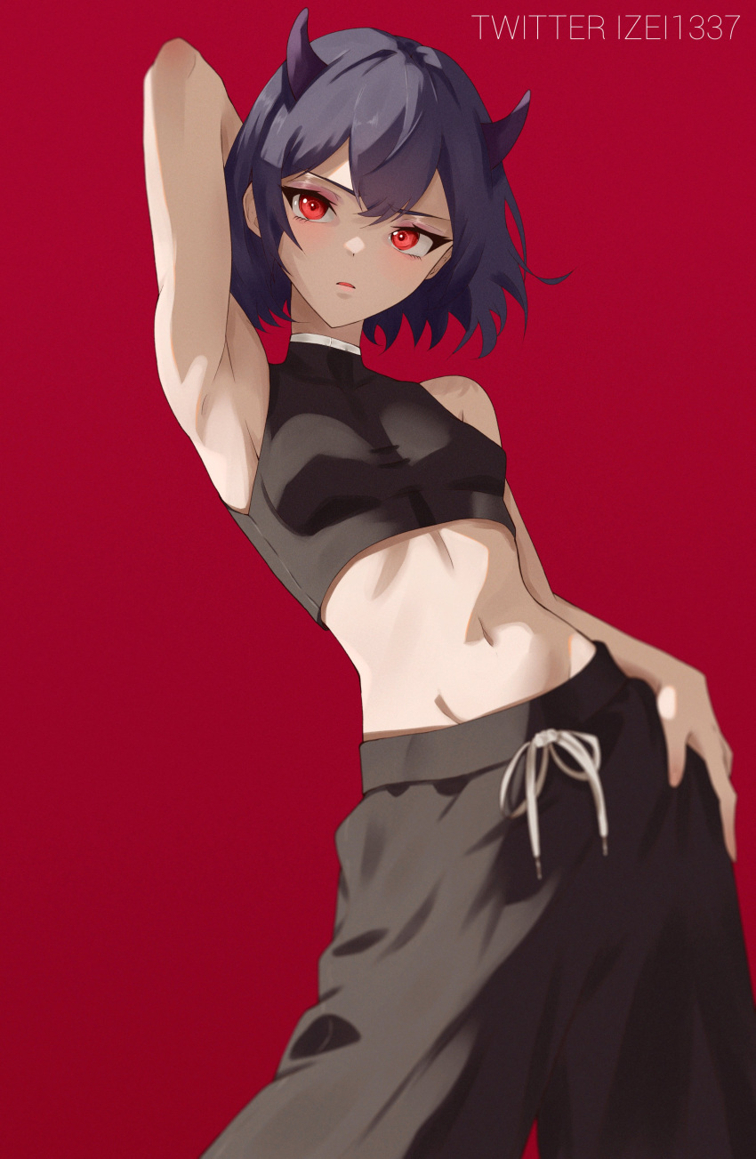 1girl absurdres alternate_costume arm_up armpits black_clover black_hair black_pants cropped_shirt highres horns izei1337 looking_at_viewer navel pants red_eyes secre_swallowtail shirt short_hair sleeveless sleeveless_shirt solo stomach