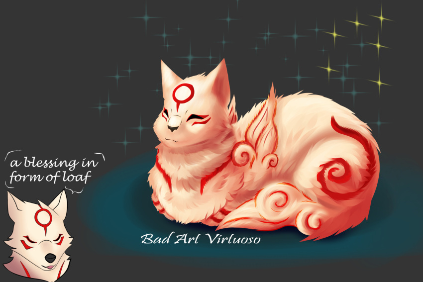 3:2 amaterasu_(okami) artist_name badartvirtuoso canid canine canis capcom constellation domestic_cat duo english_text eyes_closed felid feline felis female female/female feral fur fur_markings kabegami_(okami) loaf mammal markings okami_(capcom) red_body red_fur simple_background smile solo star text white_body white_fur wolf