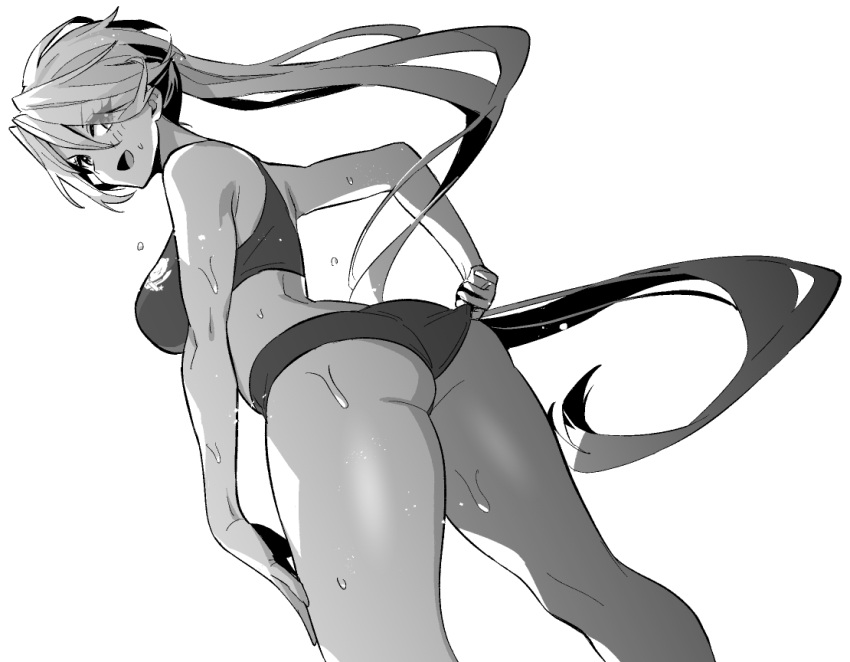 1girl adjusting_buruma adjusting_clothes ass azur_lane azur_lane:_slow_ahead bare_arms bare_shoulders buruma from_behind greyscale hori_(hori_no_su) kirov_(azur_lane) kirov_(high_jump_star)_(azur_lane) long_hair monochrome official_alternate_costume official_art open_mouth simple_background solo sweat very_long_hair white_background