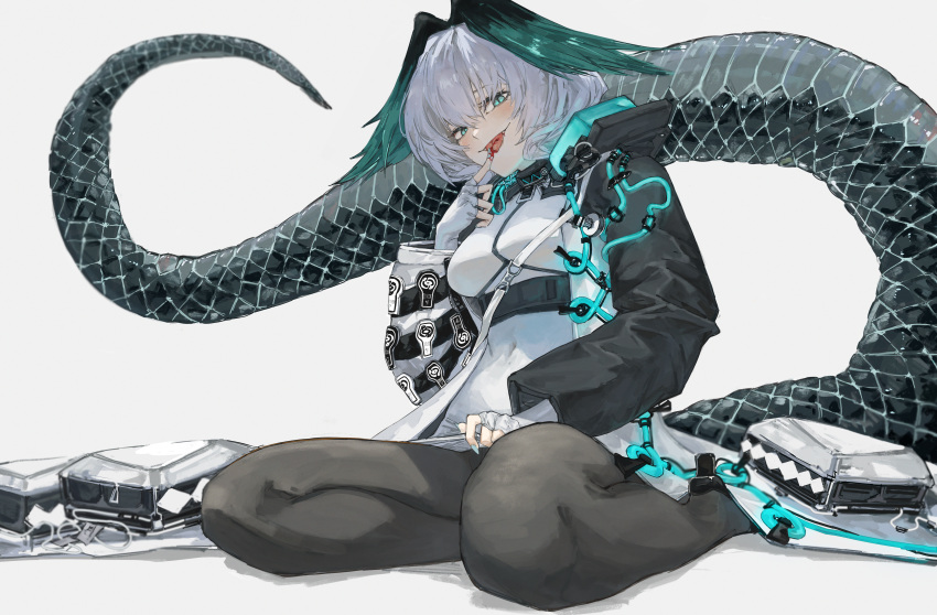 1girl absurdres arknights black_pantyhose blood blood_from_mouth blush breasts coat dress fangs feathered_wings fingerless_gloves fingernails gloves green_eyes grey_hair highres ho'olheyak_(arknights) large_breasts licking_blood long_sleeves looking_at_viewer looking_down open_clothes open_coat open_mouth pantyhose seiza sharp_fingernails short_hair sitting sleepy_mond677 slit_pupils snake snake_tail solo tail thighhighs white_background white_dress white_gloves wings