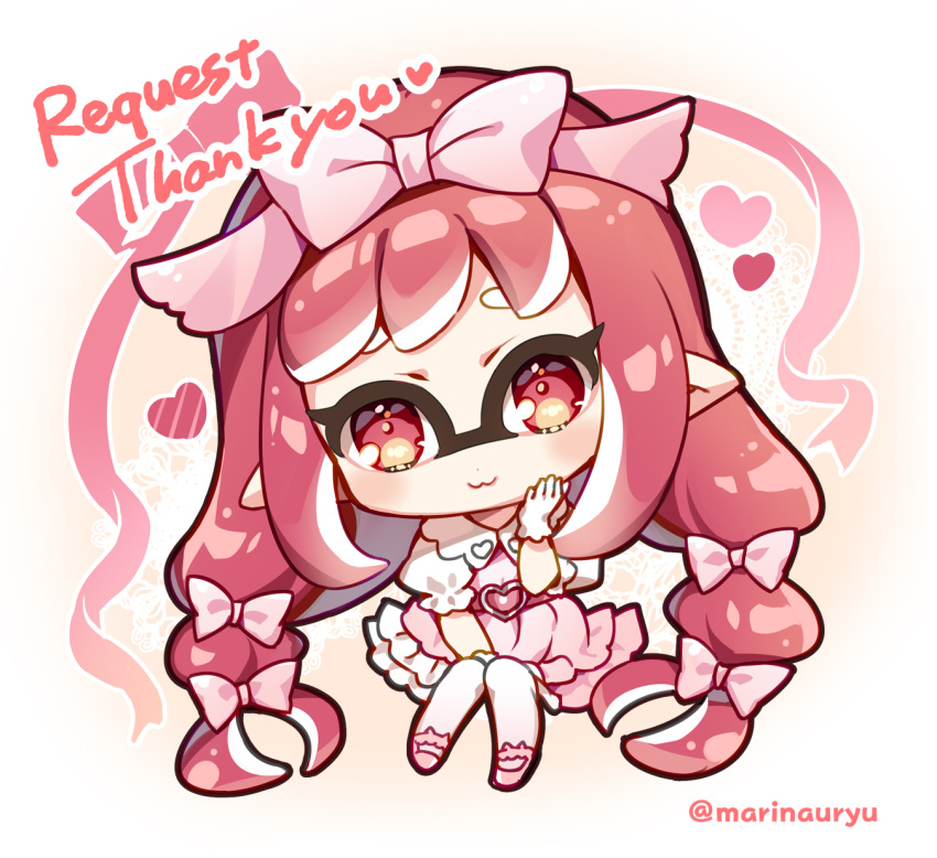 1girl :3 belt belt_buckle bow buckle chibi closed_mouth commentary_request commission domino_mask dress gloves hair_bow hand_up head_tilt heart heart-shaped_buckle highres inkling long_hair looking_at_viewer mask natsuki_marina pink_belt pink_bow pink_dress pointy_ears puffy_short_sleeves puffy_sleeves red_eyes red_hair short_sleeves solo splatoon_(series) thank_you twitter_username very_long_hair white_gloves