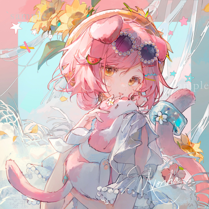 1girl :&lt; =_= animal animal_ears arknights arm_cutout artist_name brown_headwear cat cat_ears cat_girl cat_tail commentary_request eyewear_on_head falling_petals floppy_ears flower flower-shaped_eyewear food food-themed_hair_ornament fruit goldenglow_(arknights) goldenglow_(summer_flowers)_(arknights) hair_ornament hairclip hat highres holding holding_animal holding_cat looking_at_viewer nonhaaa official_alternate_costume open_mouth orange_eyes petals pink_cat sample_watermark scottish_fold shirt short_hair smile solo star_(symbol) sunflower sunglasses tail upper_body watermelon watermelon_hair_ornament watermelon_slice white_flower white_shirt yellow_flower