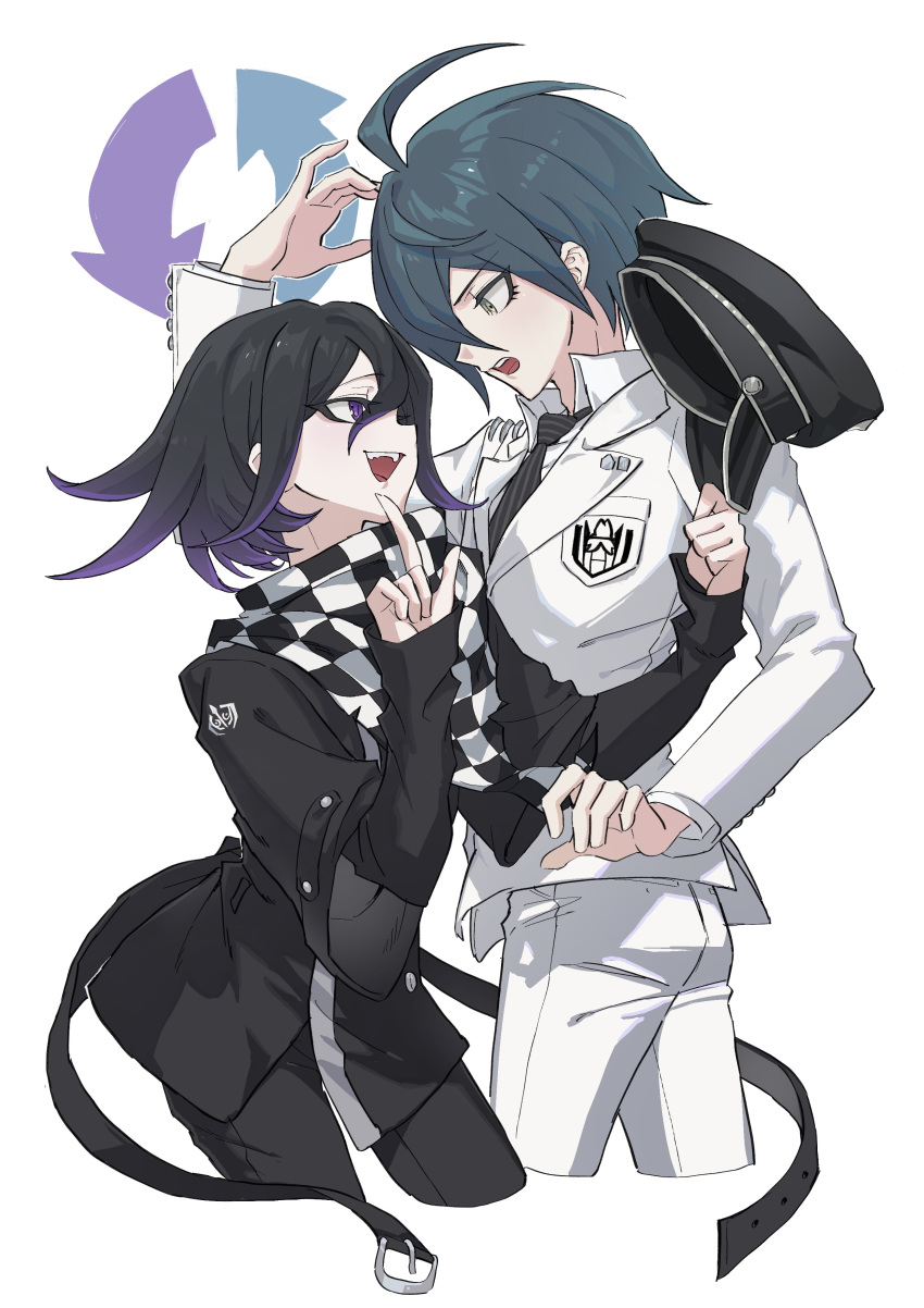 2boys :d absurdres ahoge alternate_costume black_hair black_necktie black_pants breast_pocket buttons checkered_clothes checkered_scarf collared_shirt cropped_legs danganronpa_(series) danganronpa_v3:_killing_harmony fangs highres jacket layered_sleeves leaning_forward long_sleeves male_focus medium_hair multicolored_hair multiple_boys necktie oma_kokichi pants pocket profile purple_eyes purple_hair saihara_shuichi scarf shirt short_hair short_over_long_sleeves short_sleeves simple_background smile striped_necktie teeth ttegi_(ddeck_dg) two-tone_hair upper_teeth_only white_background white_jacket white_pants white_shirt