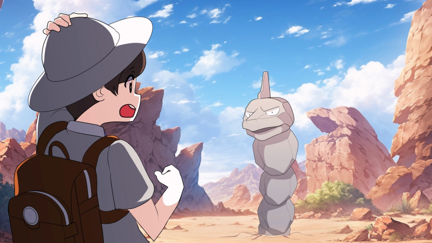 1boy adjusting_clothes adjusting_headwear arm_up backpack bag black_eyes blue_sky brown_eyes brown_hair bush cloud commentary_request constricted_pupils day desert english_commentary eye_contact florian_(pokemon) grapeanime grey_headwear grey_shirt hat highres looking_at_another male_focus mixed-language_commentary onix open_mouth outdoors over_shoulder partial_commentary pokemon pokemon_(creature) shirt short_hair short_sleeves sideways_mouth sky standing teeth upper_body