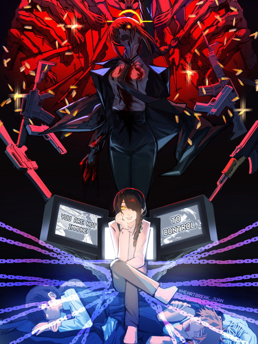 1boy 3girls absurdres black_hair business_suit chain chainsaw_man crossed_legs denji_(chainsaw_man) formal glowing glowing_eye hair_over_one_eye halo heartbreak_juan highres looking_at_viewer makima_(chainsaw_man) mitaka_asa multiple_girls nayuta_(chainsaw_man) open_mouth red_hair sitting sitting_on_person spoilers suit television