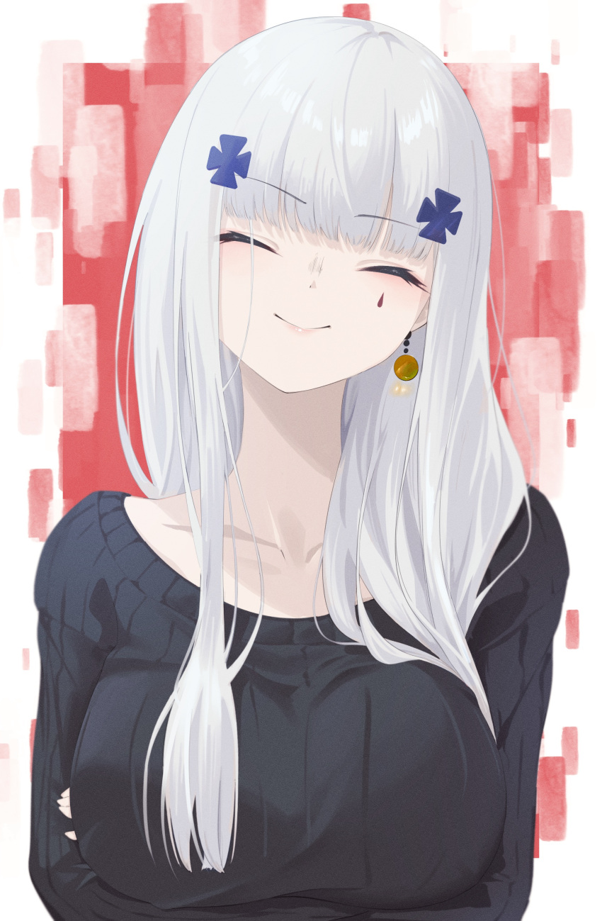 1girl absurdres breasts closed_eyes collarbone earrings facial_mark girls'_frontline grey_hair highres hk416_(girls'_frontline) jewelry large_breasts long_hair simple_background single_earring smile solo tagme teardrop teardrop_facial_mark teardrop_tattoo weisskaeppchen