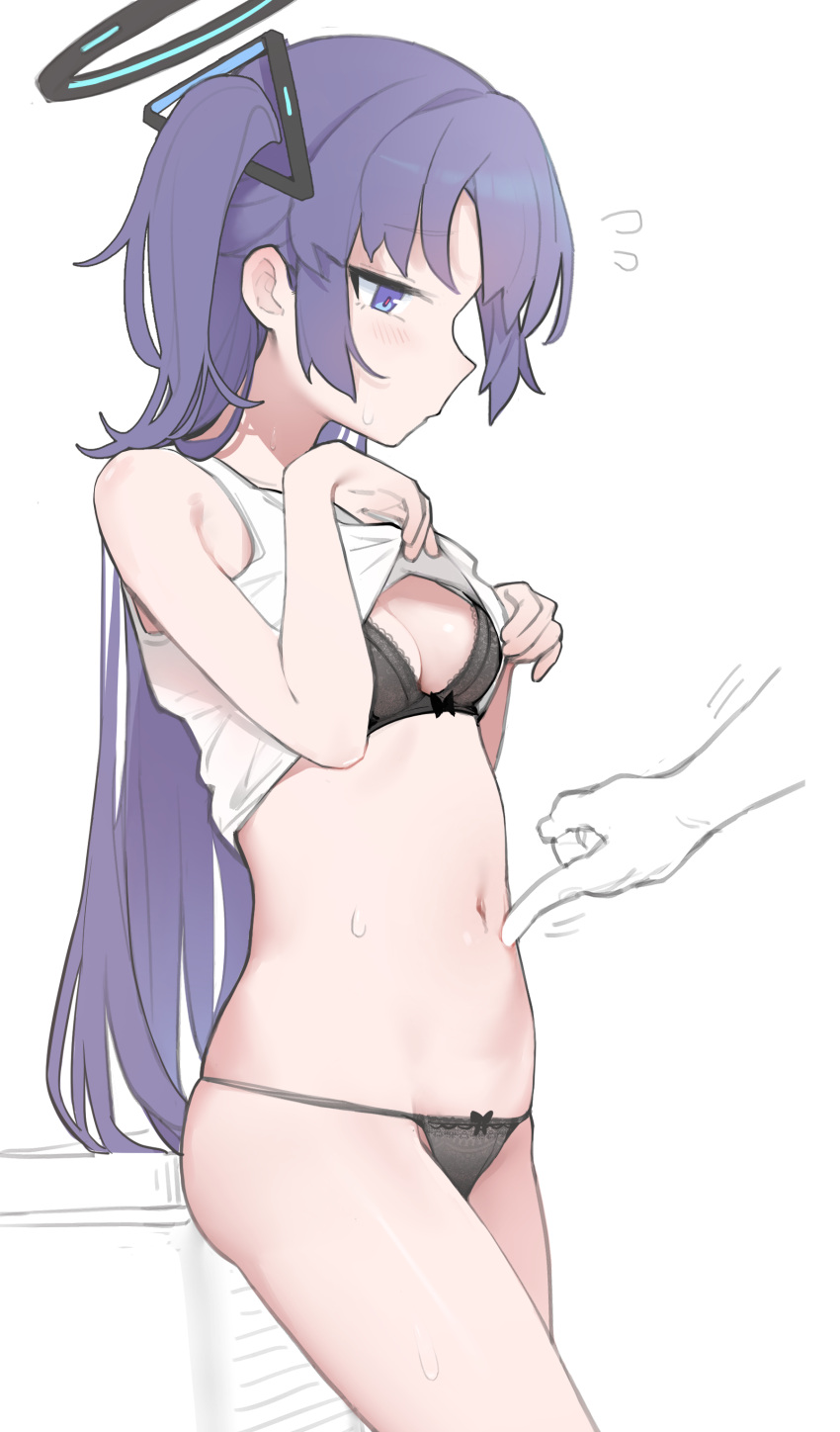 1girl 1other absurdres bangs black_bra black_panties blue_archive blush bra breasts clothes_lift commentary flying_sweatdrops halo hand_on_another's_stomach highres lifted_by_self long_hair no_pants panties purple_eyes purple_hair rong_hui shirt shirt_lift simple_background skindentation stomach sweat sweatdrop two_side_up underwear yuuka_(blue_archive)