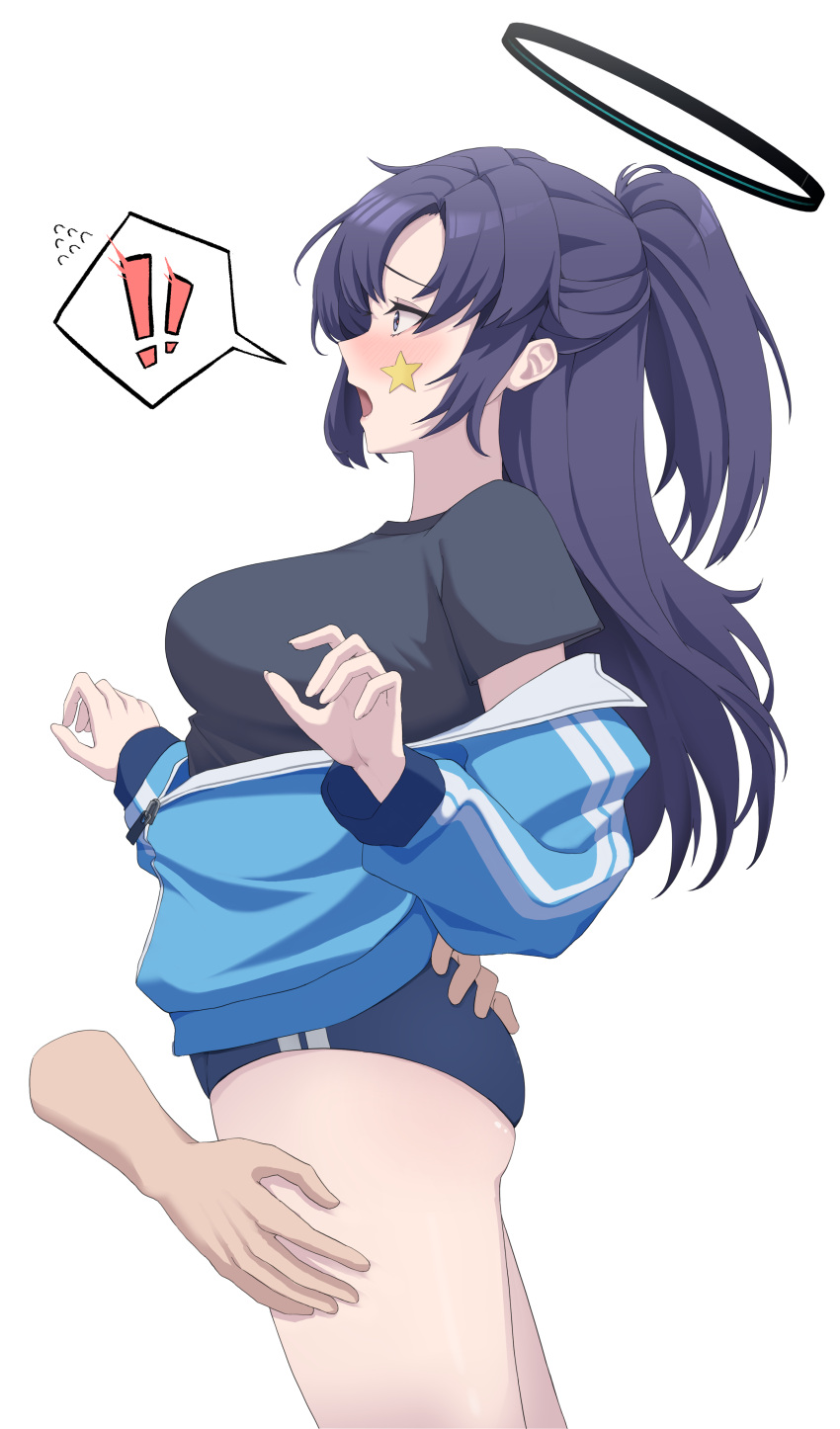 ! 1boy 1girl absurdres ass black_shirt blue_archive blue_buruma blue_jacket blush breasts buruma flying_sweatdrops gym_uniform half_updo halo hand_on_another's_ass hand_on_another's_thigh hetero highres jacket jacket_partially_removed long_hair medium_breasts nose_blush ponytail purple_hair shirt spoken_exclamation_mark star_sticker sticker_on_face surprised very_long_hair white_background yn_6262 yuuka_(blue_archive) yuuka_(track)_(blue_archive)