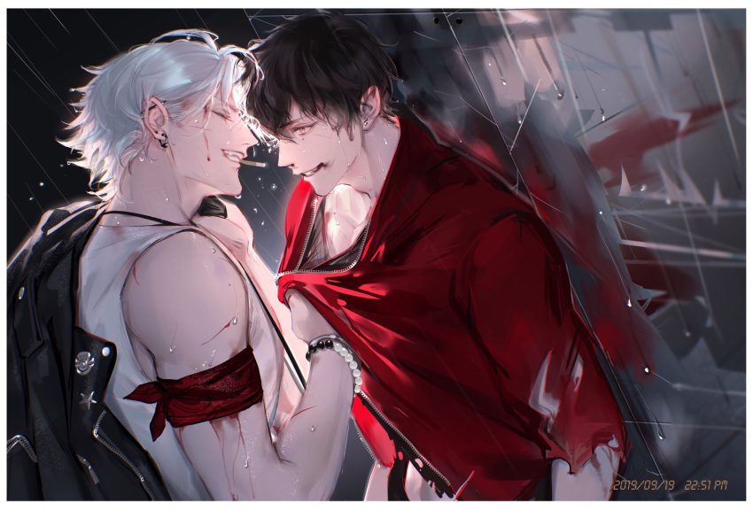 2boys aohitsugi_samatoki armband black_background black_hair black_jacket black_shirt blood blood_drip blood_on_face border closed_eyes dated ear_piercing eyelashes face-to-face from_side grin hand_on_another's_neck highres hoop_piercing hypnosis_mic injury jacket jacket_on_shoulders jewelry kabedon kami_off_record leather leather_jacket long_sleeves looking_at_another male_focus mirror mole mole_under_eye multiple_boys necklace open_clothes open_jacket open_mouth pectoral_cleavage pectorals piercing red_armband red_eyes red_jacket sharp_teeth shirt shirt_grab short_hair sleeveless sleeveless_shirt sleeves_past_elbows smile sweat teeth timestamp torn_clothes torn_jacket torn_sleeves upper_body white_border white_hair white_shirt yamada_ichiro yaoi zipper