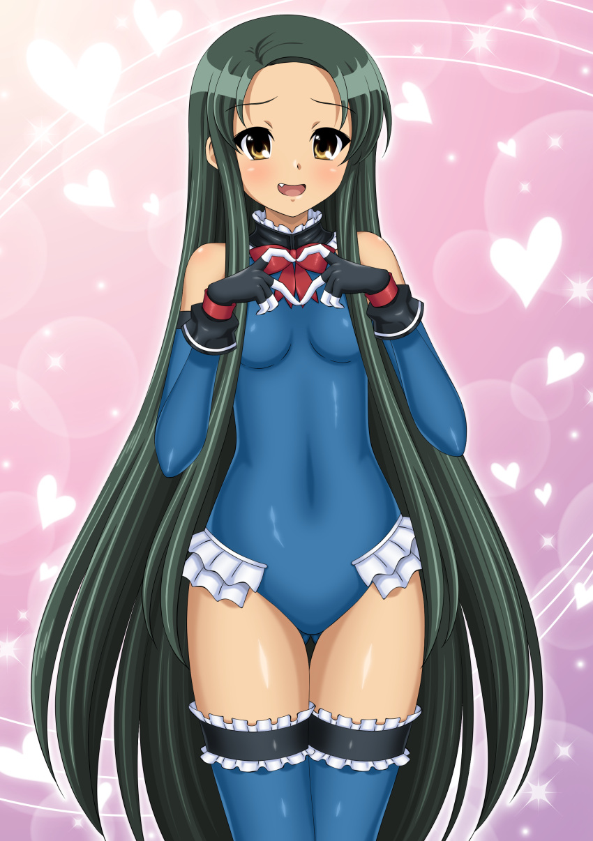 1girl absurdres alternate_costume black_gloves blue_one-piece_swimsuit blue_sleeves blue_thighhighs breasts brown_eyes commentary_request cosplay covered_navel dead_or_alive dead_or_alive_5 detached_sleeves fang gloves green_hair gurobeya heart heart_background heart_hands highres long_hair marie_rose marie_rose_(cosplay) one-piece_swimsuit open_mouth over-kneehighs pink_background revealing_clothes smile solo standing suzumiya_haruhi_no_yuuutsu swimsuit thighhighs tsuruya very_long_hair