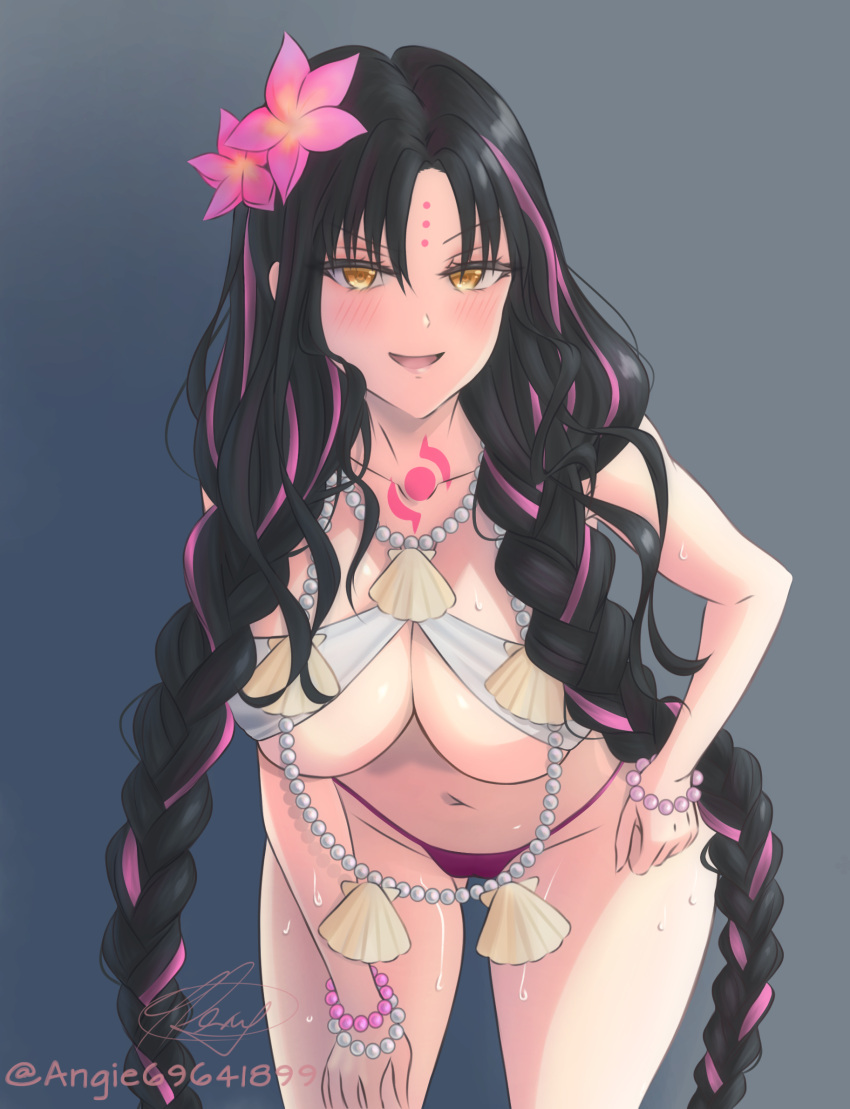 1girl angie black_hair bracelet braid breasts chest_tattoo cowboy_shot facial_mark fate/grand_order fate_(series) flower forehead_mark forehead_tattoo hair_flower hair_ornament highres jewelry large_breasts leaning_forward long_hair multicolored_hair navel necklace pearl_bracelet pearl_necklace pink_hair sessyoin_kiara sessyoin_kiara_(swimsuit_mooncancer) sessyoin_kiara_(swimsuit_mooncancer)_(first_ascension) shell_necklace solo standing streaked_hair tattoo twin_braids very_long_hair yellow_eyes