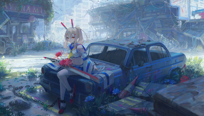 1girl ayanami_(azur_lane) azur_lane bare_shoulders blue_sailor_collar broken broken_chain chain chained character_name crop_top day feathers flower full_body grass hair_between_eyes headgear high_ponytail highres light_brown_hair long_hair looking_at_viewer miniskirt navel naycot neckerchief orange_eyes outdoors pleated_skirt post-apocalypse purple_flower rudder_footwear sailor_collar shirt sitting_on_car skirt solo thighhighs white_feathers white_thighhighs yellow_neckerchief