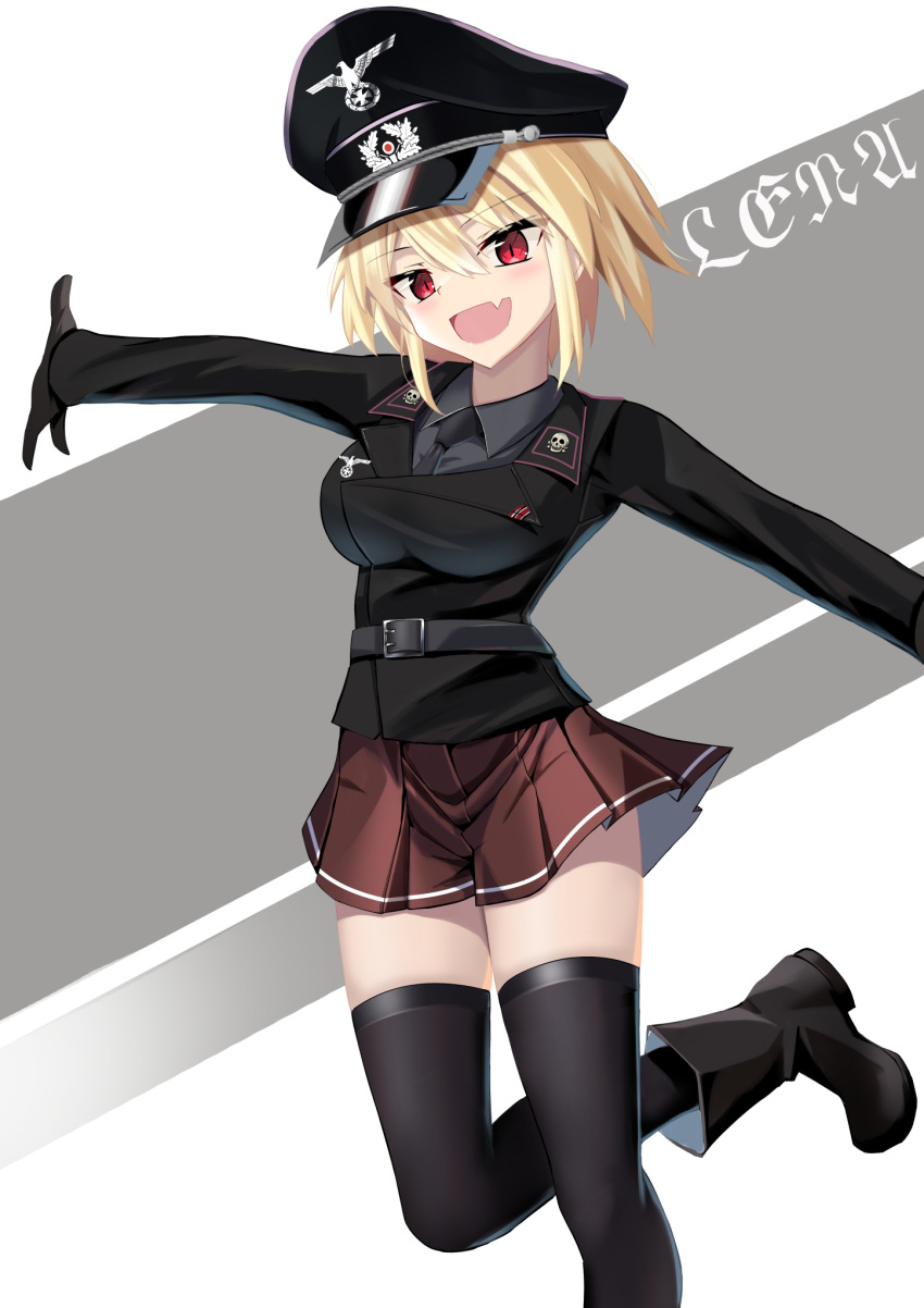 black_gloves blonde_hair breasts gloves highres jiseki_rena large_breasts looking_at_viewer medium_hair military military_uniform nazi original red_eyes rena_(jiseki_rena) soldier uniform