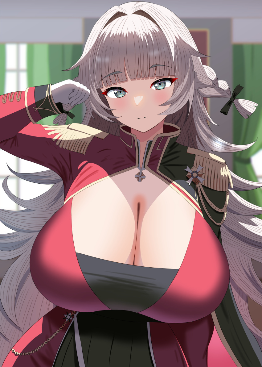 1girl absurdres aya-cis azur_lane bow braid breasts cleavage collared_shirt commission dress epaulettes gloves green_eyes hair_bow hair_intakes hand_up highres huge_breasts jewelry long_hair long_sleeves looking_at_viewer pendant pixiv_commission sardegna_empire_(emblem) shirt side_braids solo vittorio_veneto_(azur_lane) white_gloves white_hair