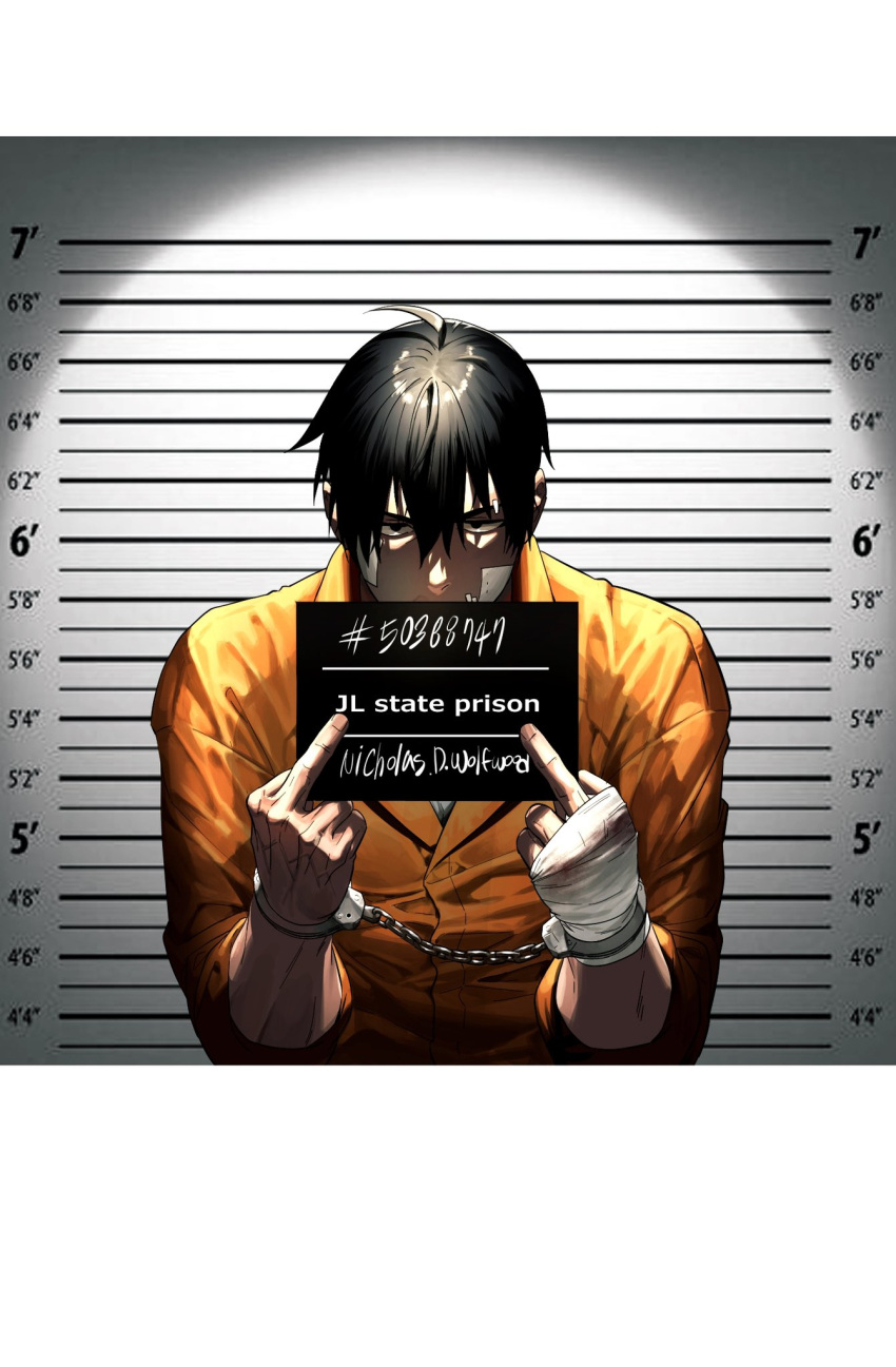 1boy ahoge bandaged_hand bandages bandaid bandaid_on_cheek bandaid_on_face black_hair bound bound_wrists character_name cuffs gaeha_is hair_between_eyes handcuffs hands_up highres holding injury korean_commentary long_sleeves looking_at_viewer male_focus middle_finger mugshot nicholas_d._wolfwood orange_shirt prison_clothes shirt solo trigun trigun_stampede upper_body