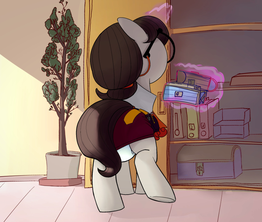 asdfasfasda bottomwear clothed clothing diaper diaper_fetish diaper_under_clothing diaper_under_skirt equid equine female friendship_is_magic hasbro hi_res horse inside magic mammal my_little_pony plant plant_pot pony potted_plant raised_bottomwear raised_clothing raised_skirt raven_inkwell_(mlp) rear_view secretary shelf skirt solo