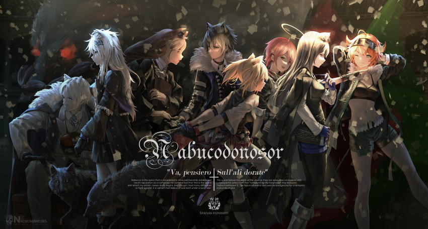 2boys 6+girls absurdres animal_ears arknights arms_behind_head black_hair blonde_hair boots brown_eyes brown_hair character_request cow_horns croissant_(arknights) crop_top english_text exusiai_(arknights) fur_collar halo hand_on_own_leg highres horns jacket jacket_on_shoulders lappland_(arknights) lappland_(refined_horrormare)_(arknights) long_hair long_sleeves lu_(pixiv20967832) midriff multiple_boys multiple_girls open_mouth orange_hair red_eyes red_hair short_hair short_shorts short_twintails shorts sitting sora_(arknights) stomach texas_(arknights) texas_the_omertosa_(arknights) twintails white_hair wolf wolf_ears wolf_girl