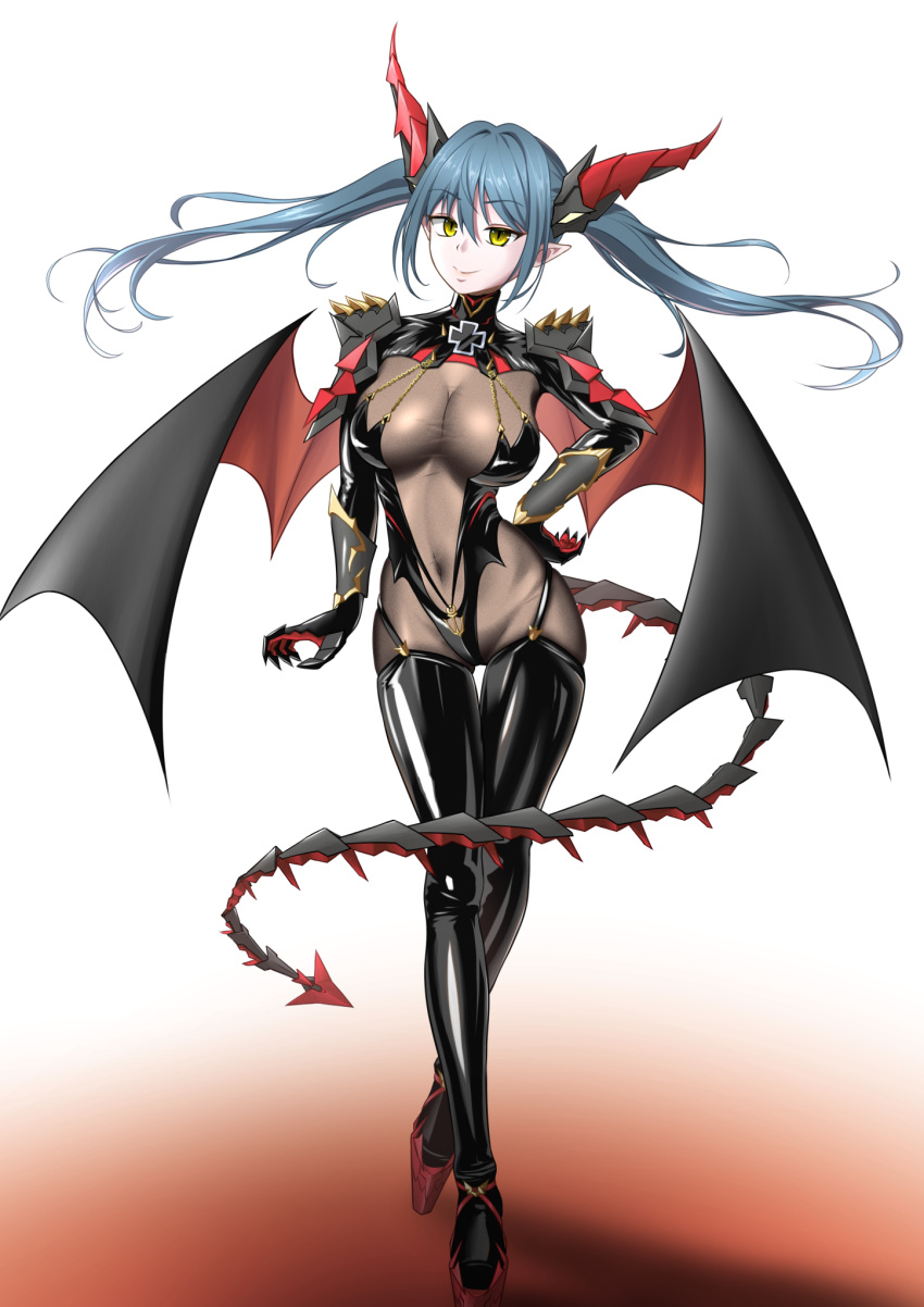 1girl anchor_symbol azur_lane black_gloves black_leotard black_thighhighs blue_hair bodystocking breasts cleavage closed_mouth commentary covered_navel cross crossed_legs dragon_girl dragon_horns dragon_tail dragon_wings floating_hair full_body garter_straps gauntlets gint=ktouka gloves hair_between_eyes halter_leotard halterneck hand_on_own_hip highres horns iron_cross large_breasts leotard long_hair looking_at_viewer mechanical_horns mechanical_tail pointy_ears regensburg_(azur_lane) rudder_footwear see-through see-through_cleavage shadow shoulder_spikes shrug_(clothing) sidelocks skindentation smile solo spikes standing tail thighhighs twintails two-tone_wings watson_cross white_background wings yellow_eyes