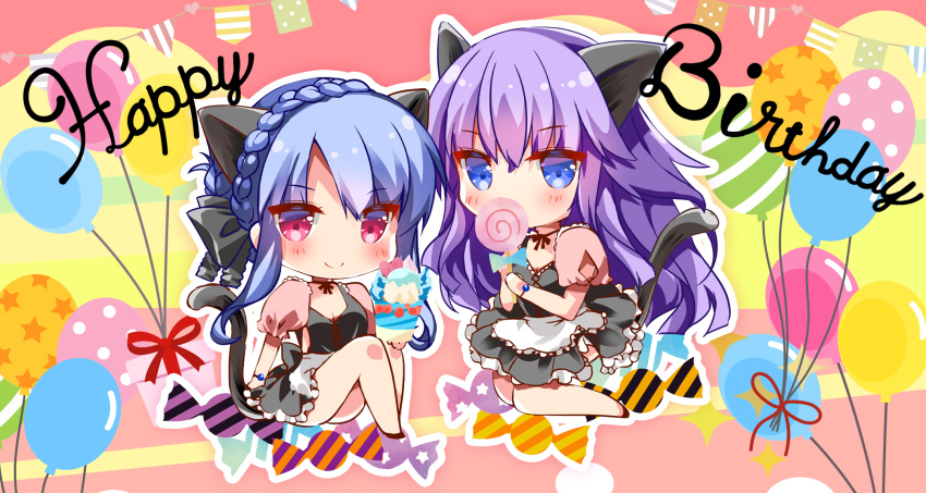 2girls alternate_costume animal_ears apron asahina_yori balloon black_bow black_dress blue_eyes blue_hair blush bow braid breasts candy cat cat_tail chibi cleavage closed_mouth colored_eyelashes commentary crossed_bangs crown_braid dress enmaided eyes_visible_through_hair fake_animal_ears fake_tail food frilled_apron frills hair_between_eyes hair_bow happy_birthday highres holding holding_candy holding_food holding_ice_cream holding_lollipop ice_cream kneeling knees_up lollipop long_hair looking_at_viewer maid maid_apron multicolored_background multiple_girls puffy_short_sleeves puffy_sleeves purple_hair red_eyes short_sleeves siblings sidelocks simple_background sisters sitting smile sorakado_ai sorakado_ao star_(symbol) summer_pockets tail very_long_hair white_apron