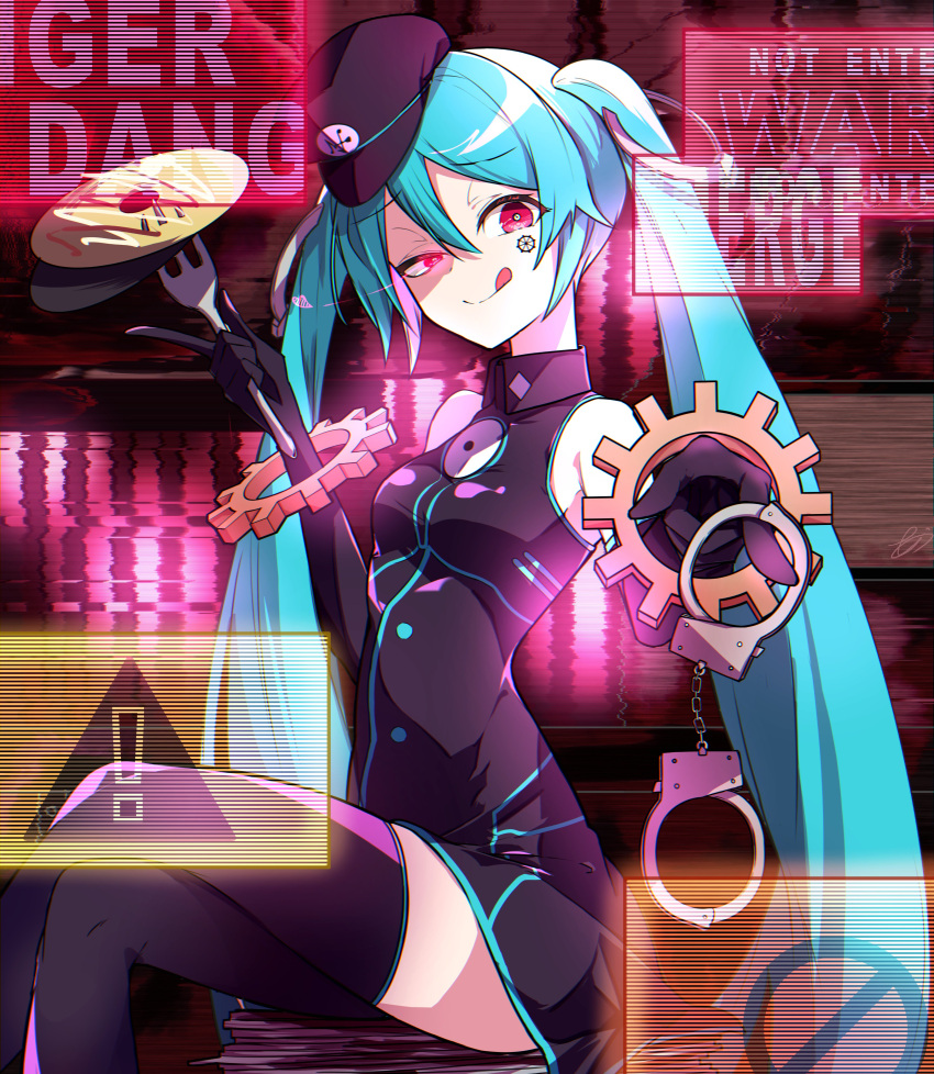 ! 1girl :p absurdres aqua_hair black_dress black_gloves black_headwear black_thighhighs caution cd commentary crossed_legs cuffs dress facial_tattoo feet_out_of_frame foreshortening fork gears glitch gloves hadu_oekaki half-closed_eyes handcuffs hat hatsune_miku highres holding holding_fork holding_handcuffs hologram looking_at_viewer no_entry_sign pointing pointing_at_viewer red_eyes road_sign sadistic_music_factory_(vocaloid) scanlines sign sitting sleeveless sleeveless_dress solo tattoo thighhighs tongue tongue_out twintails vocaloid warning_sign