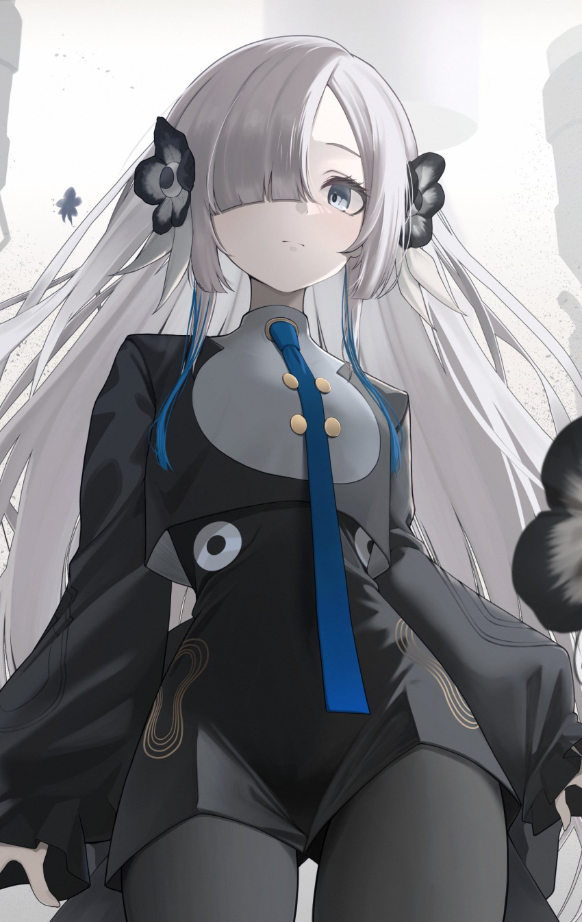 1girl black_flower black_pantyhose black_shirt black_shorts blue_eyes blue_hair blue_necktie commentary_request cowboy_shot cropped_shirt expressionless flower grey_hair hair_flower hair_ornament hair_over_one_eye highres isekai_joucho kamitsubaki_studio long_hair long_sleeves looking_at_viewer mintz912 multicolored_hair necktie pantyhose pantyhose_under_shorts shirt shorts solo two-tone_hair very_long_hair virtual_youtuber